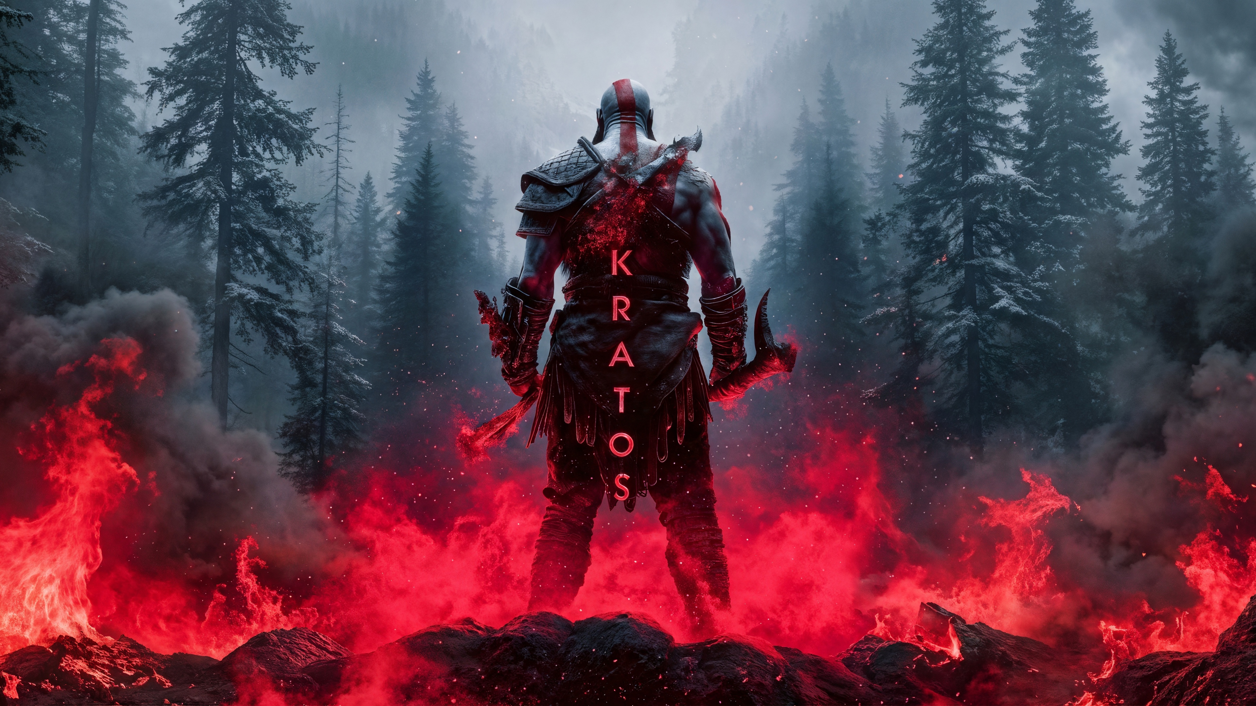Kratos in a fiery forest HD Wallpaper