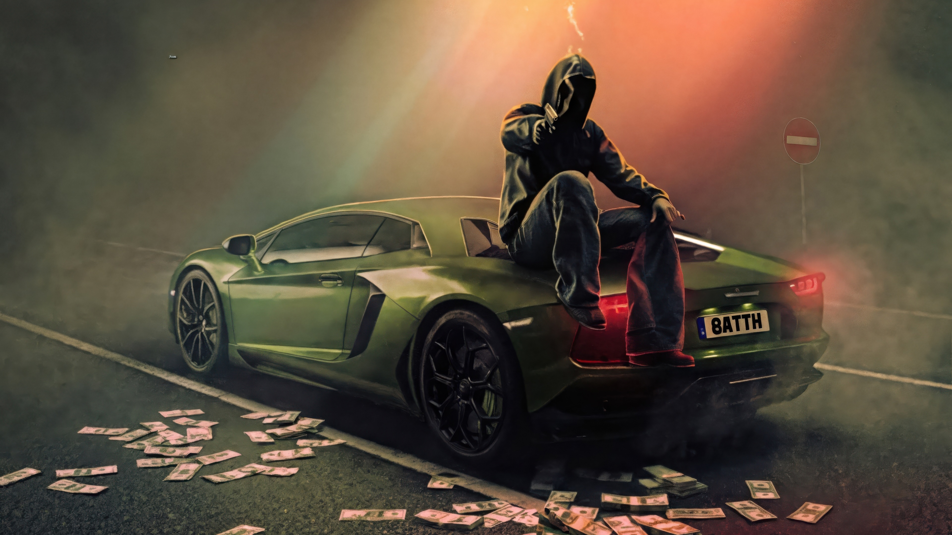 Man in hoodie sitting on a green Lamborghini with money scattered HD Wallpaper