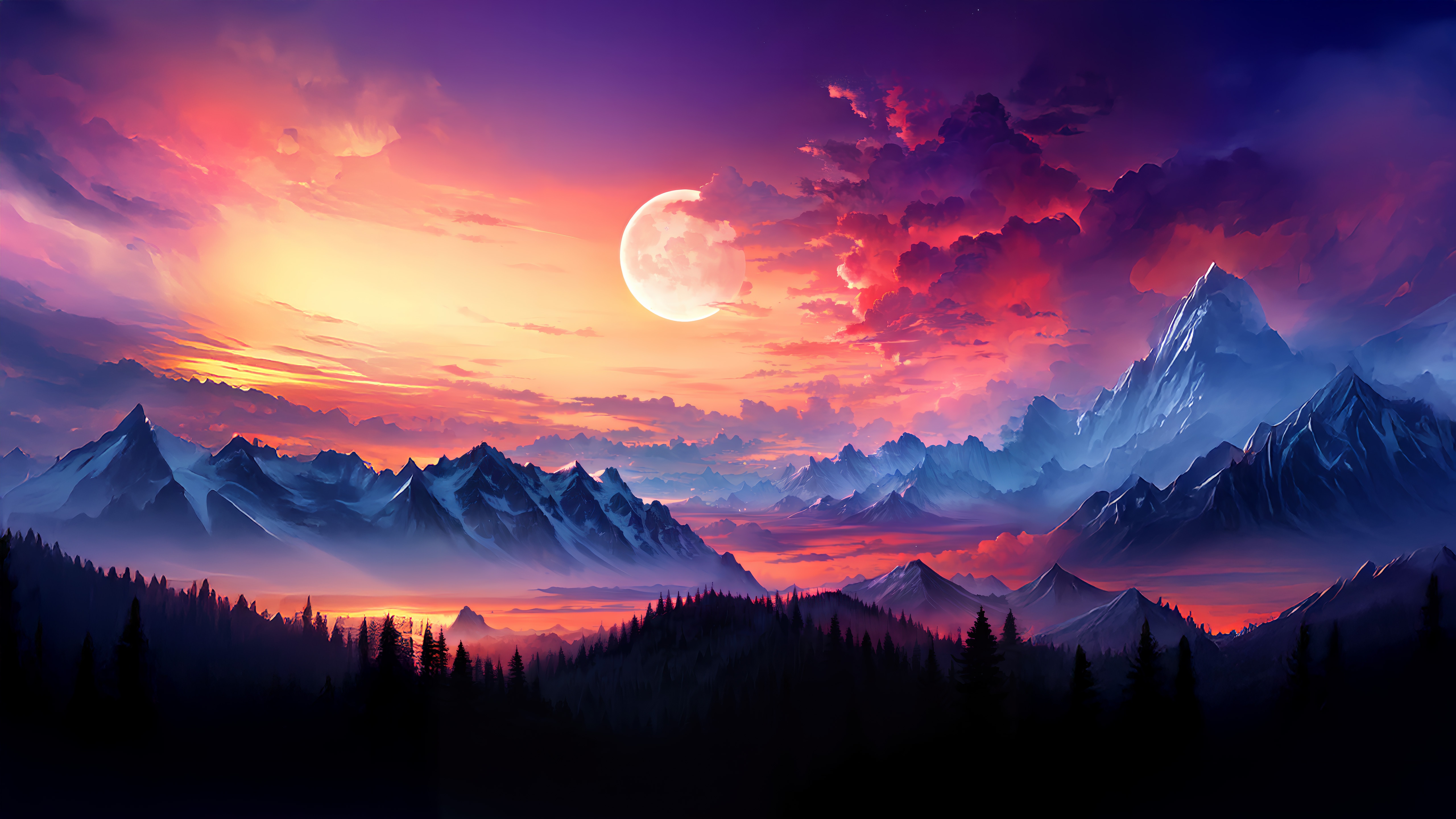 Snow Capped Mountains with Full Moon at Sunset HD Wallpaper