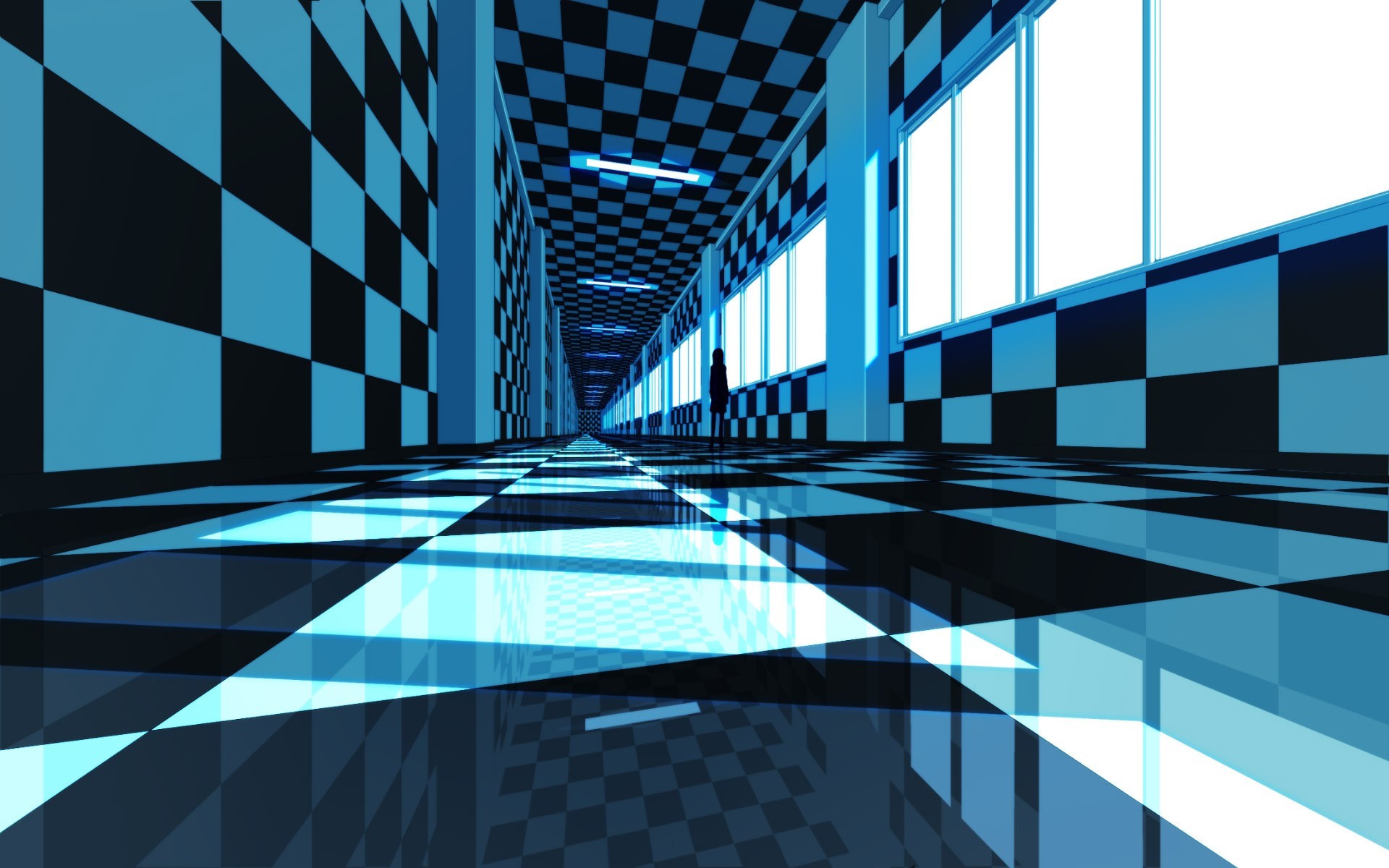 Anime hallway with checkered pattern HD Wallpaper