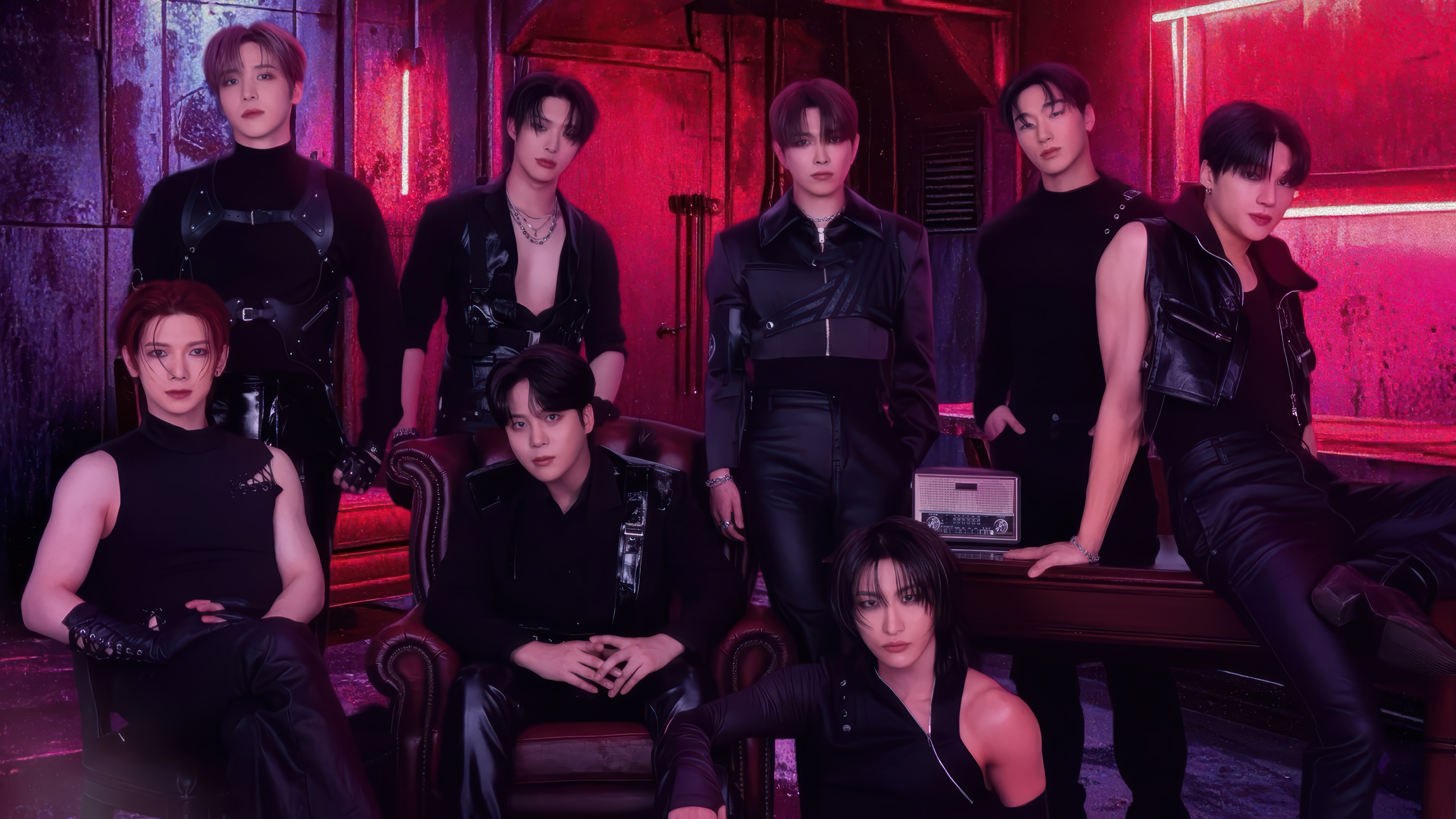 ATEEZ members in dark outfits with red lighting HD Wallpaper