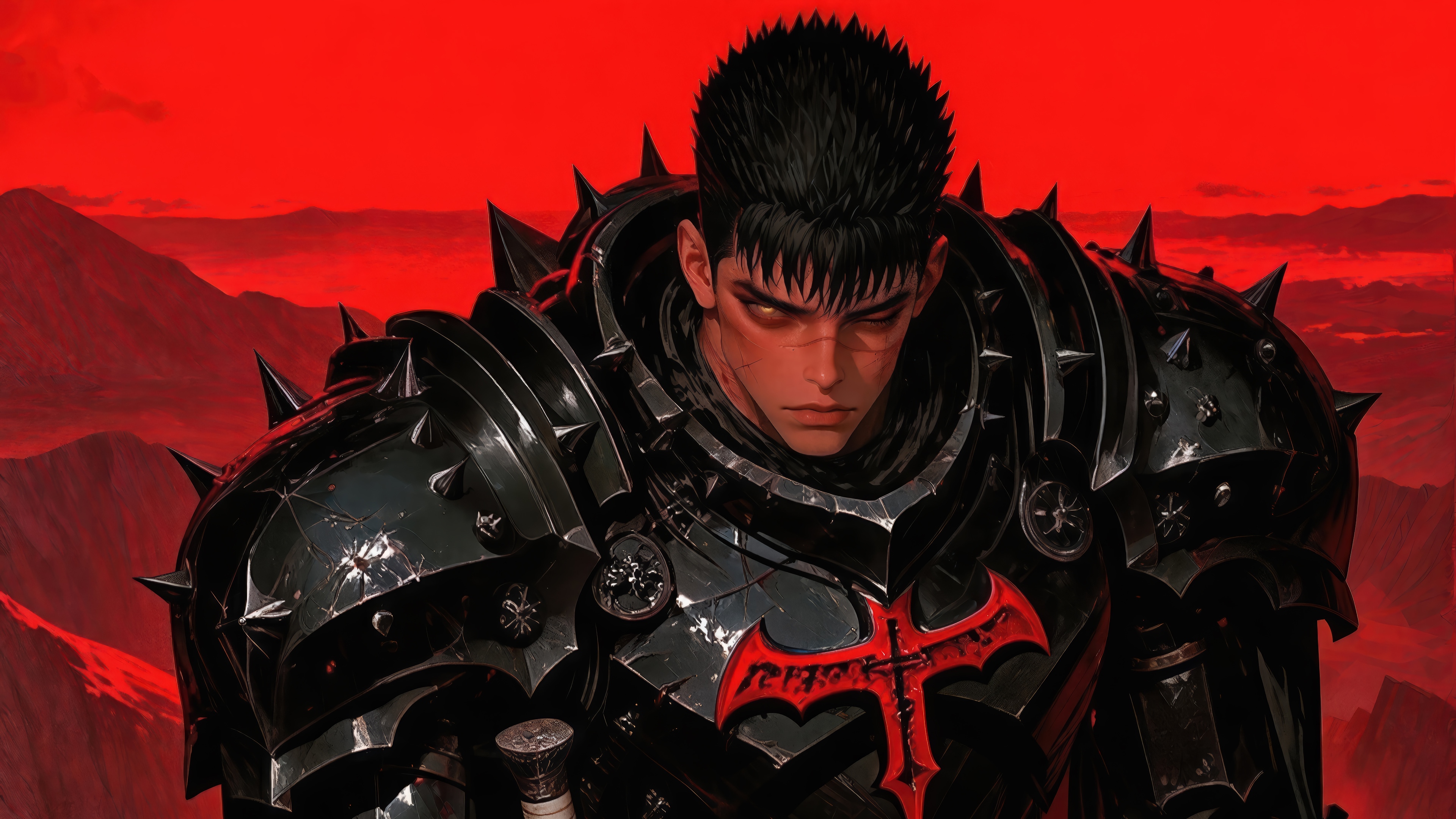 Guts in Black Armor with Red Background 4K HD Wallpaper