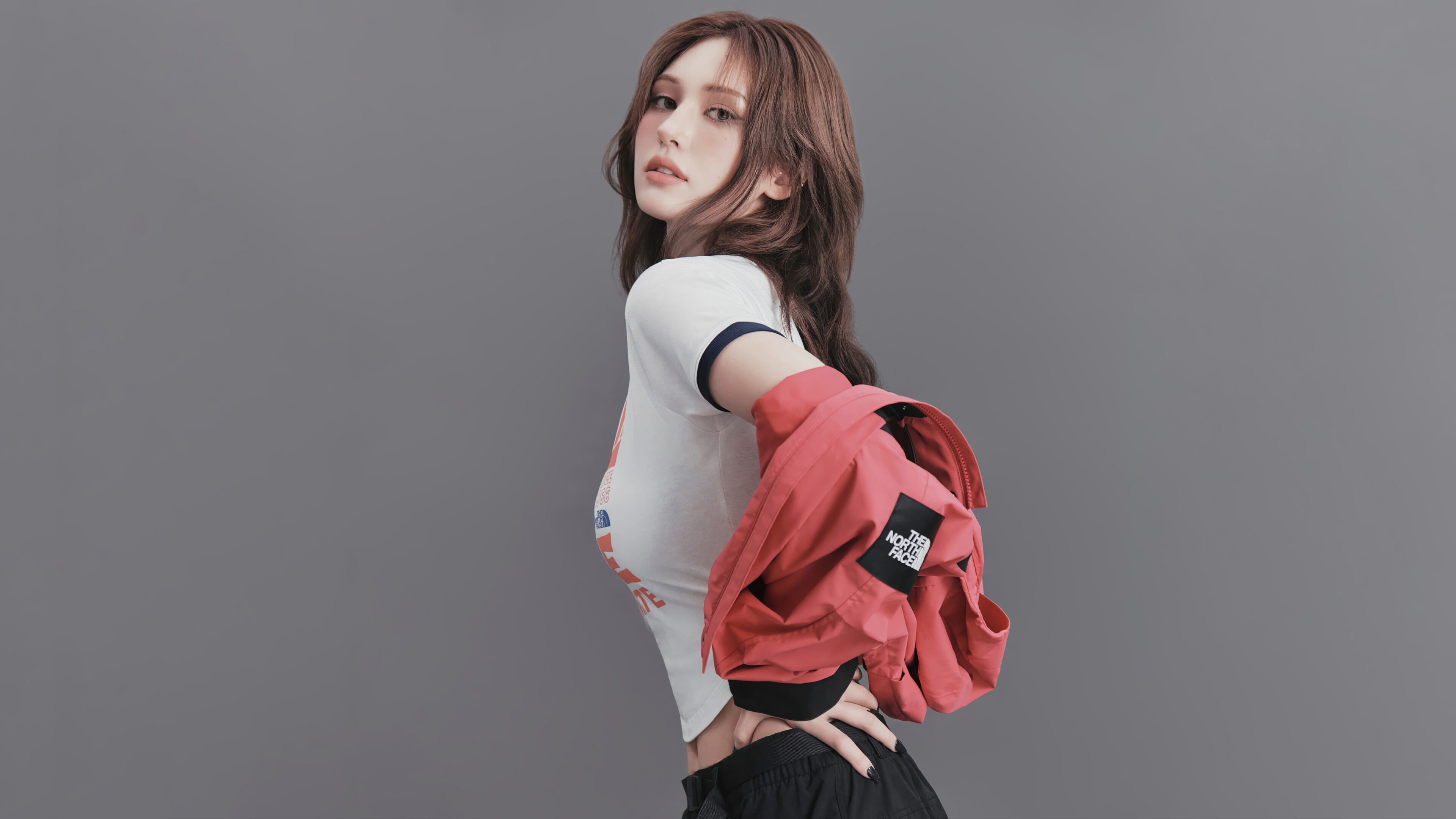 Jeon Somi in a red jacket and white t-shirt HD Wallpaper