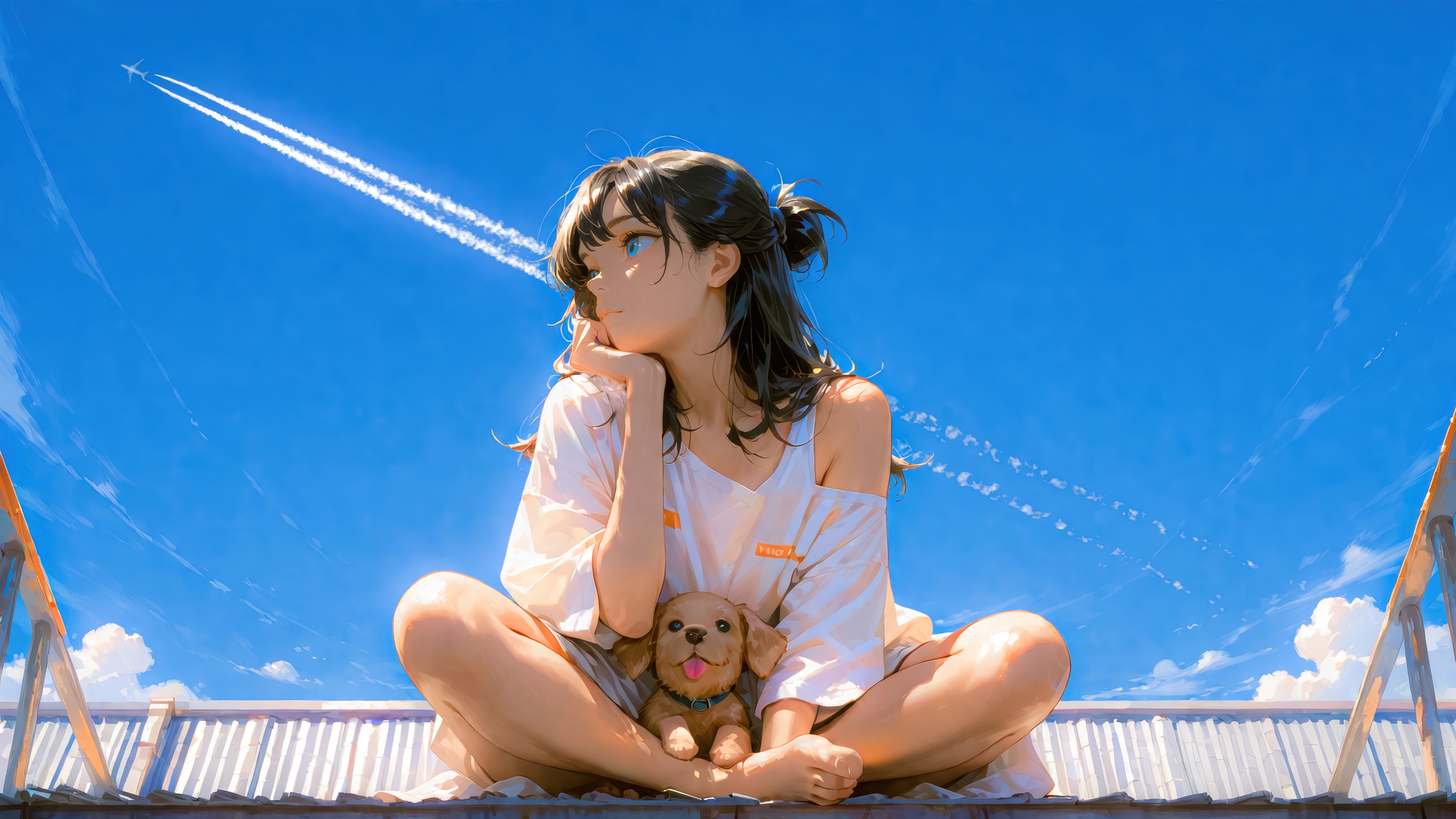 Anime Girl and Puppy on a Rooftop 4K HD Wallpaper