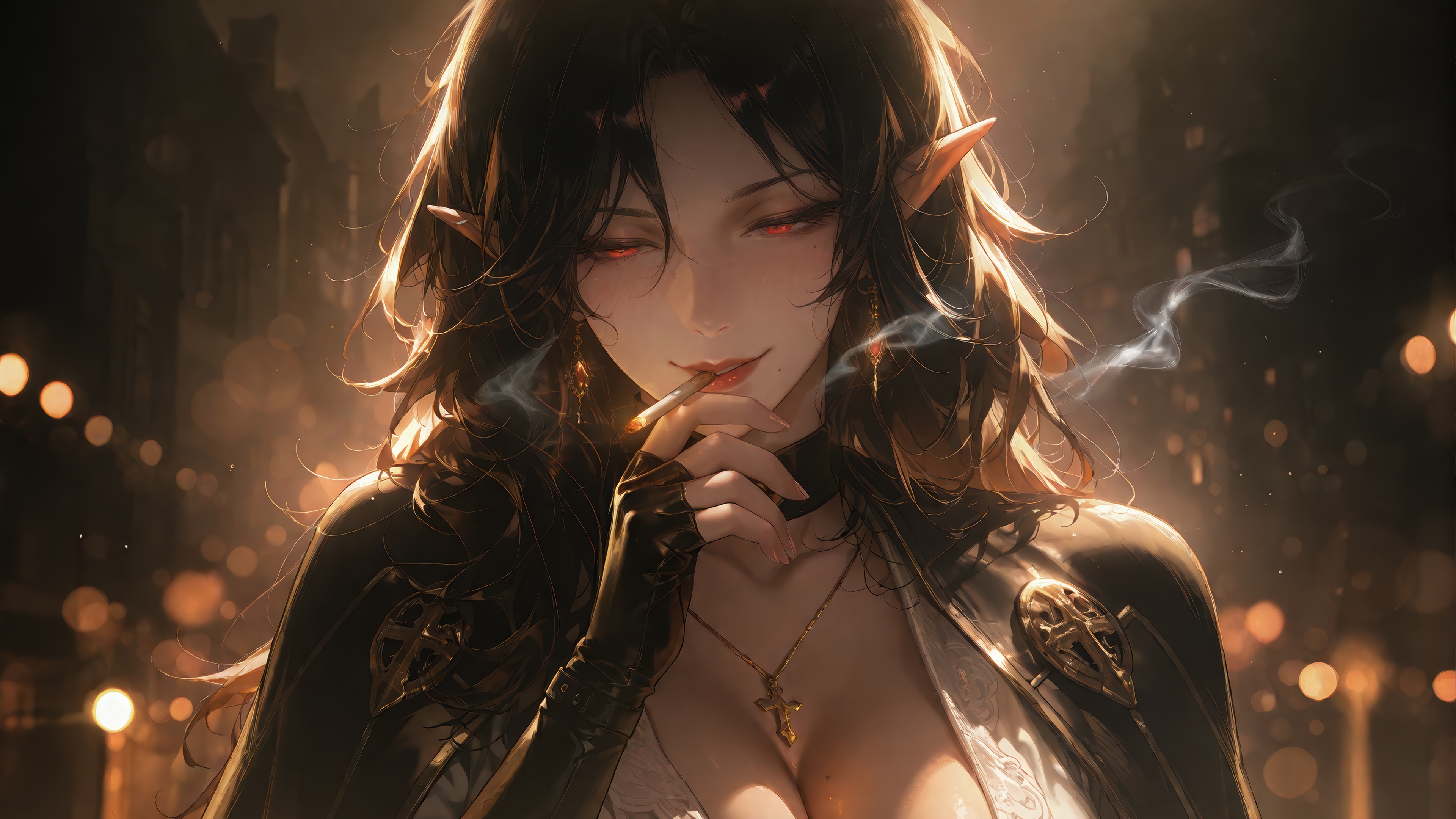 Anime Elf Girl Smoking in 4K HD Wallpaper