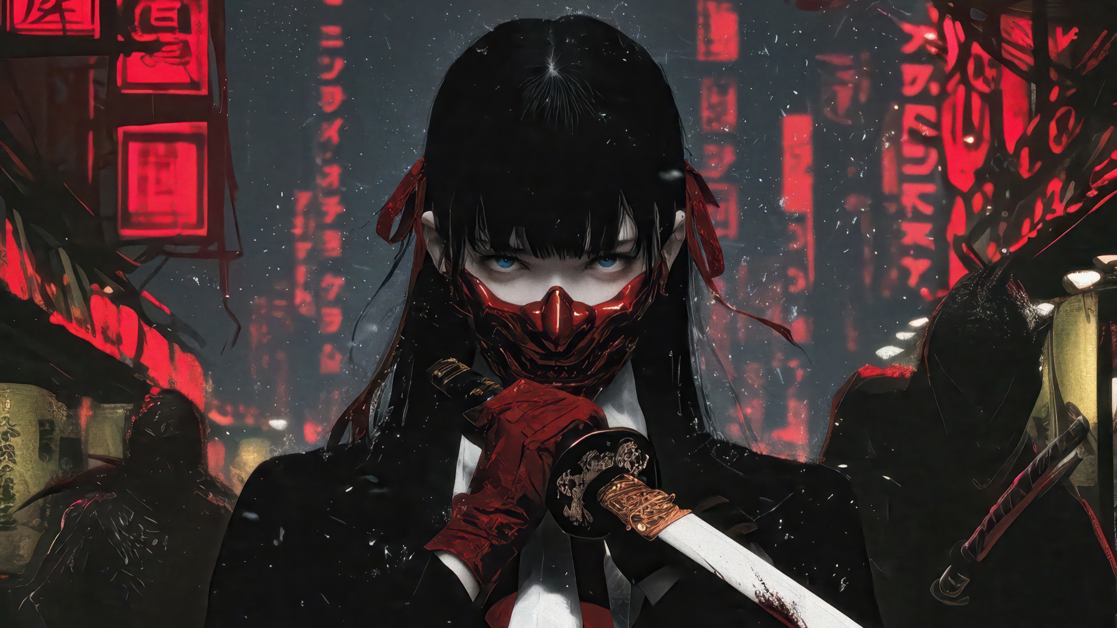 Anime Girl with Mask and Katana in 4K HD Wallpaper