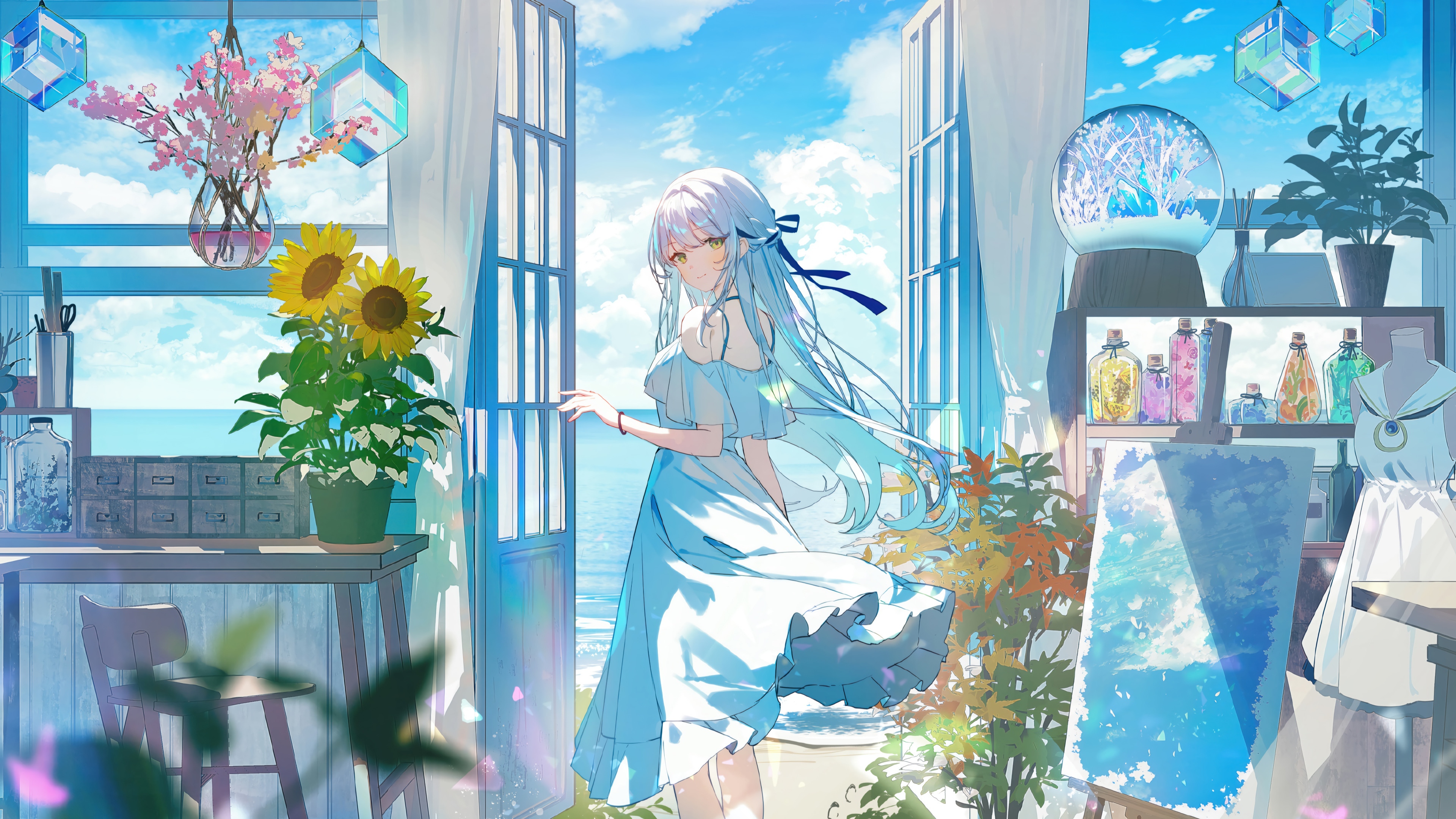 Anime Girl in Summer Dress by the Beach 4K HD Wallpaper
