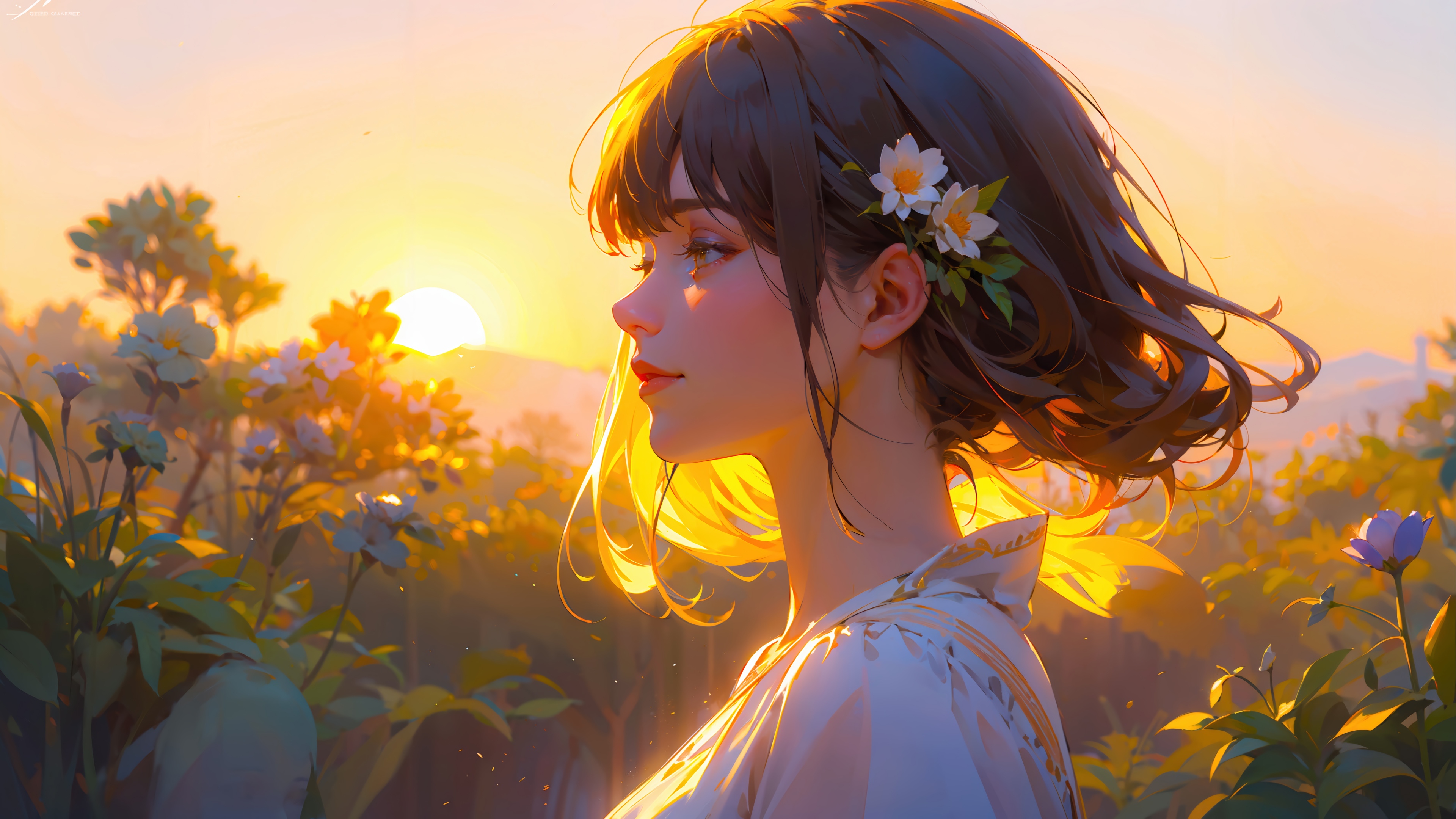 Anime Girl with Flowers at Sunset 4K HD Wallpaper