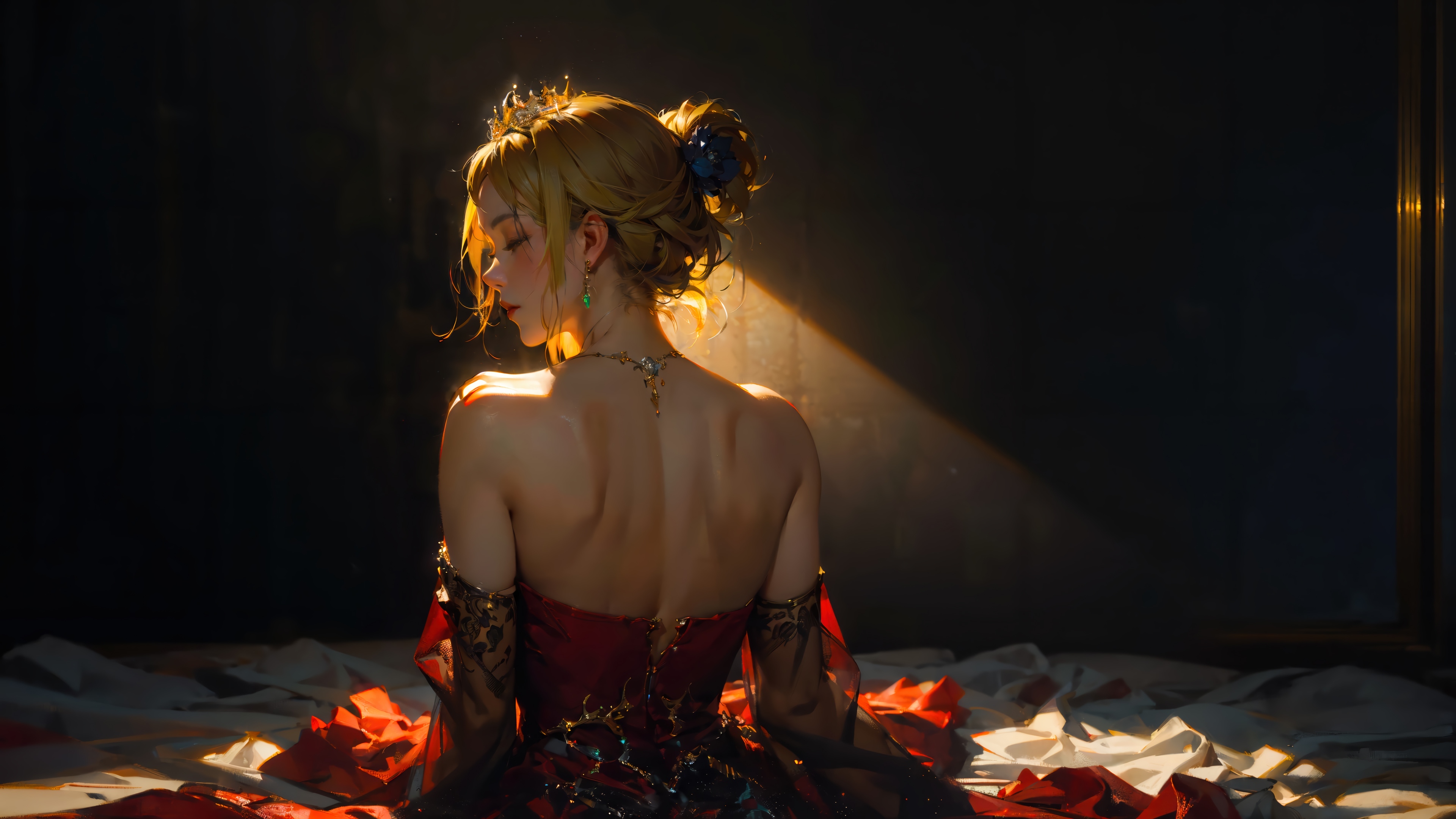 Fantasy Blonde Girl in Red Dress 4K HD Wallpaper