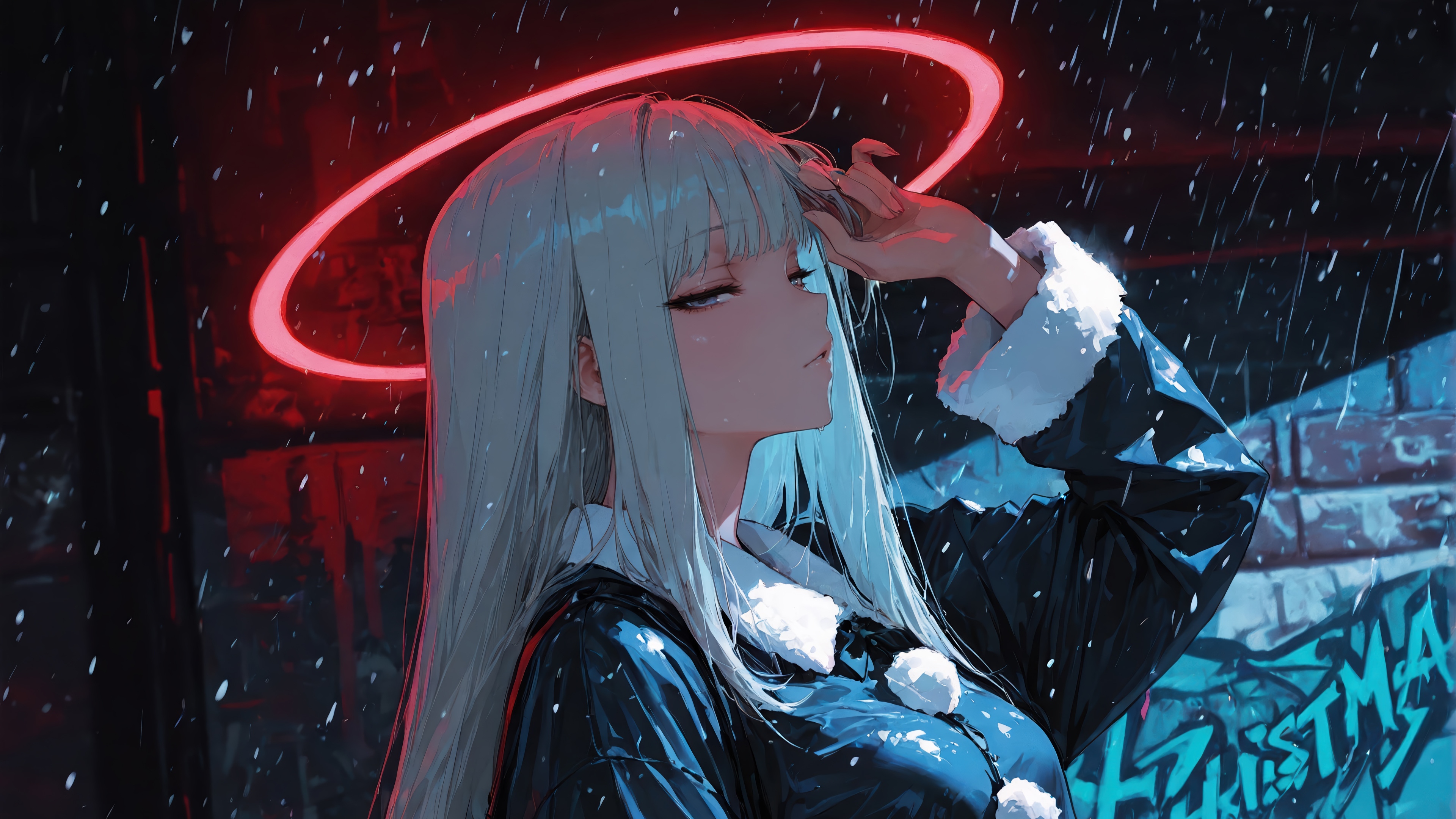 Anime Girl with White Hair and Red Halo in Snow HD Wallpaper