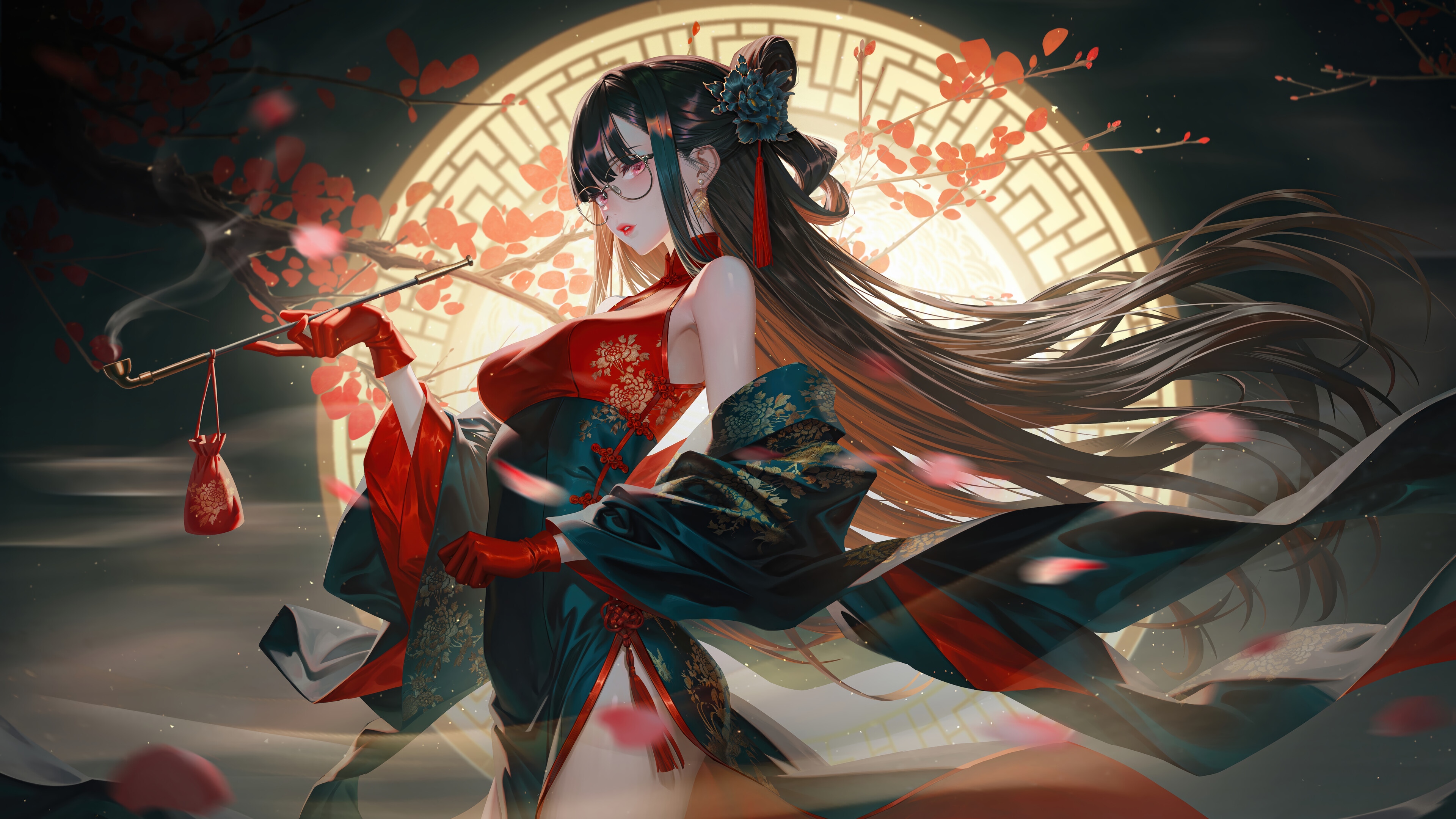 Anime Girl Smoking with Cherry Blossoms 4K HD Wallpaper