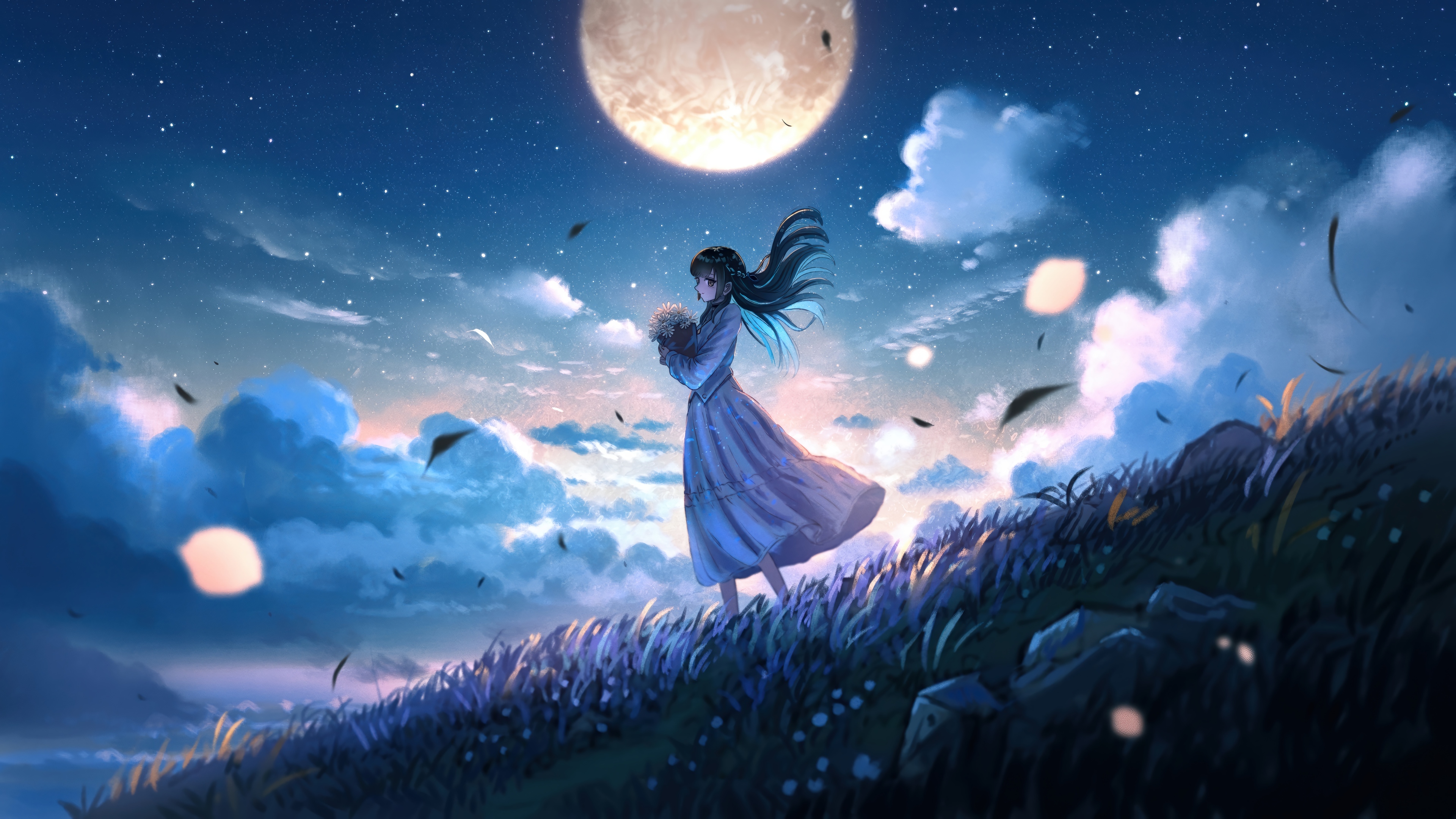 Anime Girl Holding Flowers Under the Moon 4K HD Wallpaper