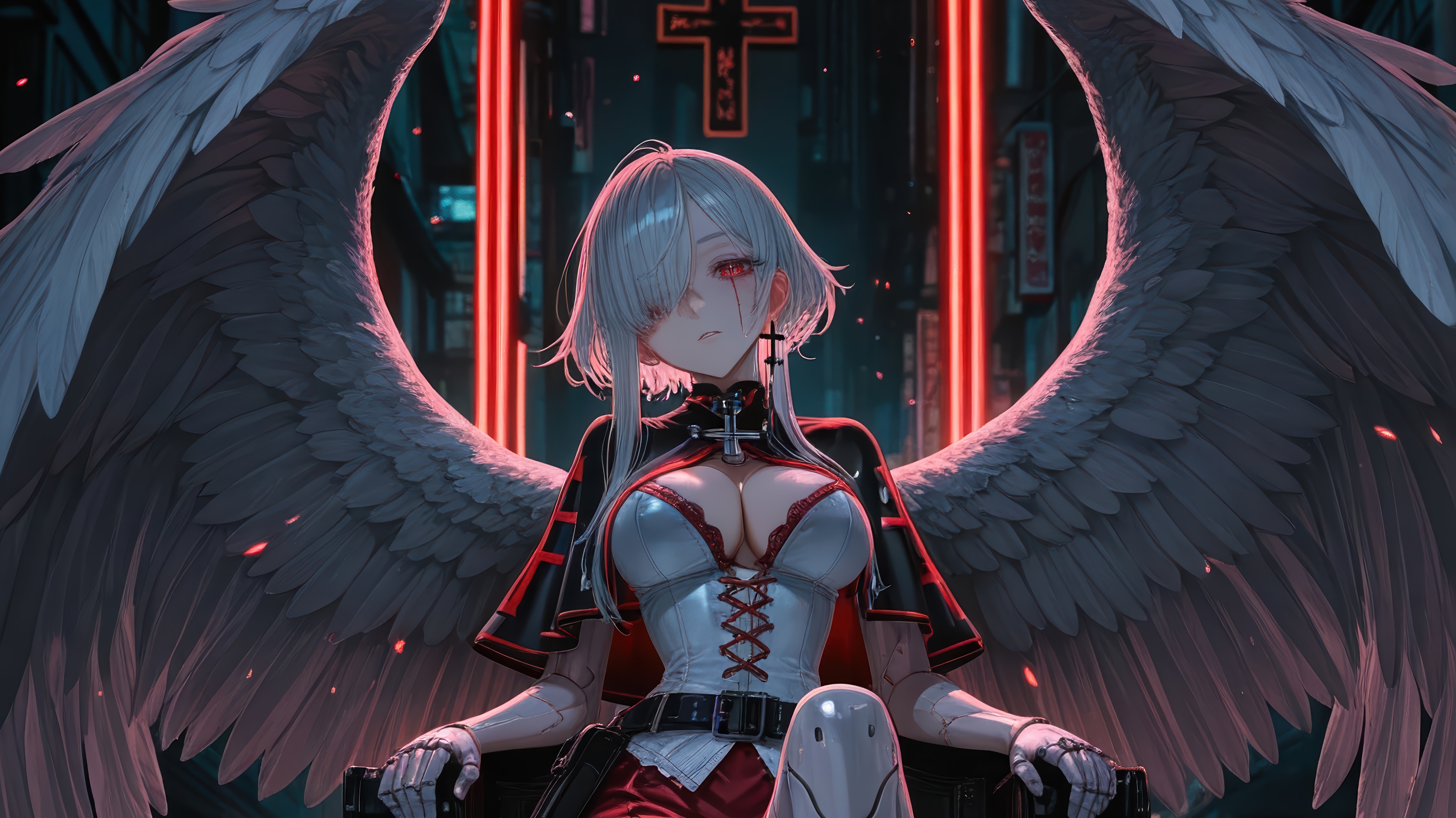 Anime Angel with Wings and Red Eyes 4K HD Wallpaper