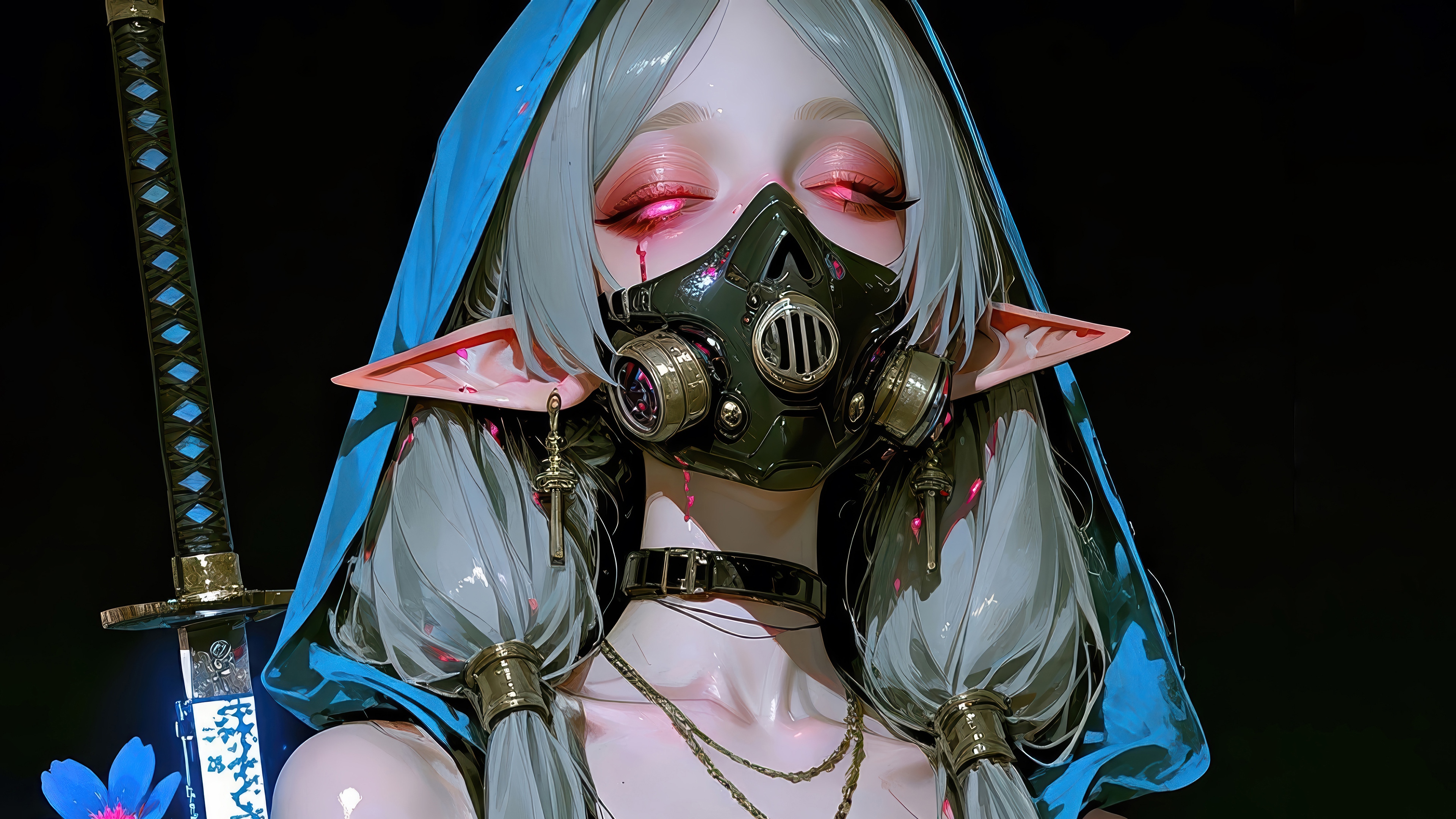 Anime Elf Girl with Gas Mask and Katana 4K HD Wallpaper