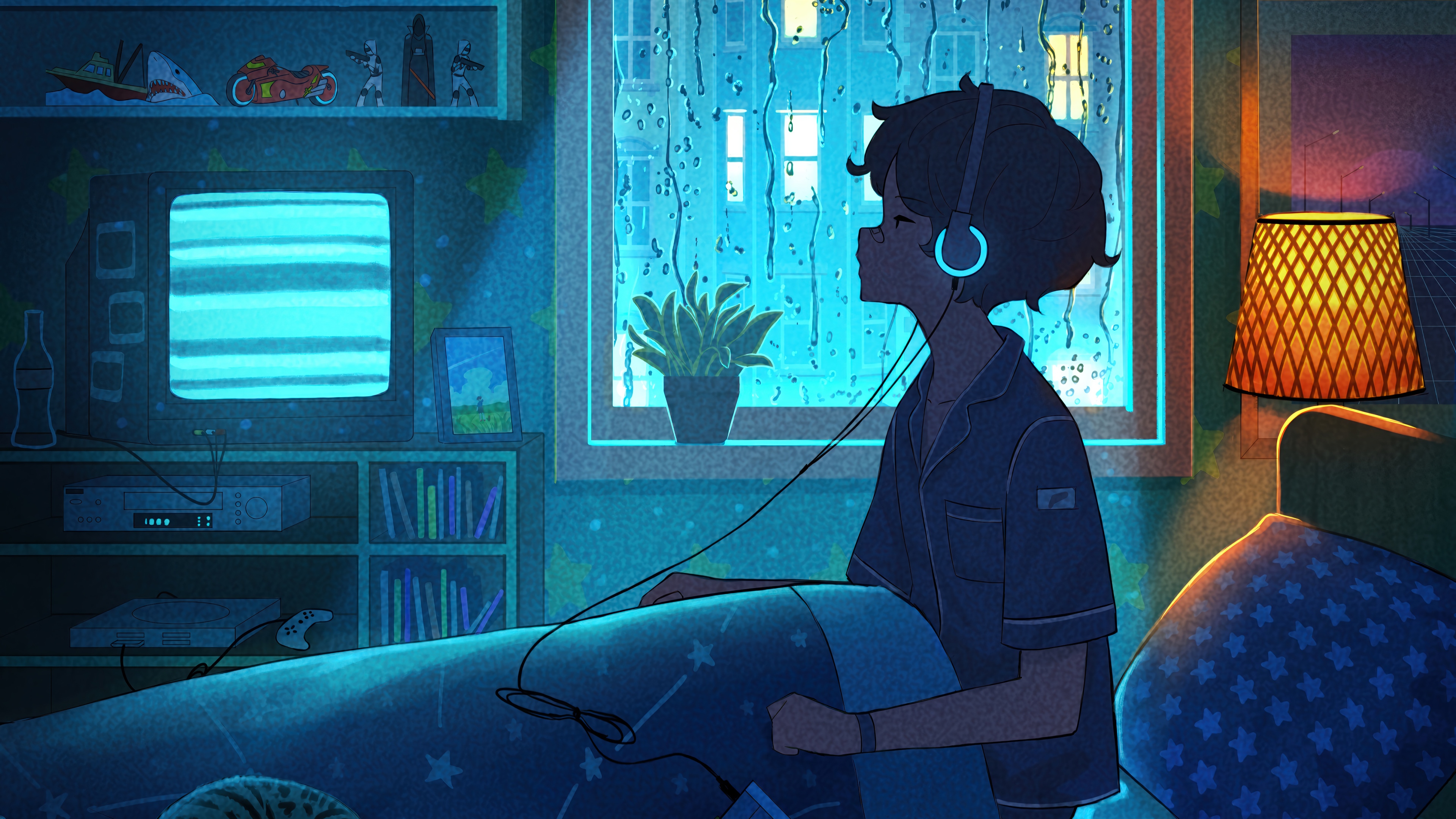 Anime Boy Listening to Music in Bedroom 4K HD Wallpaper