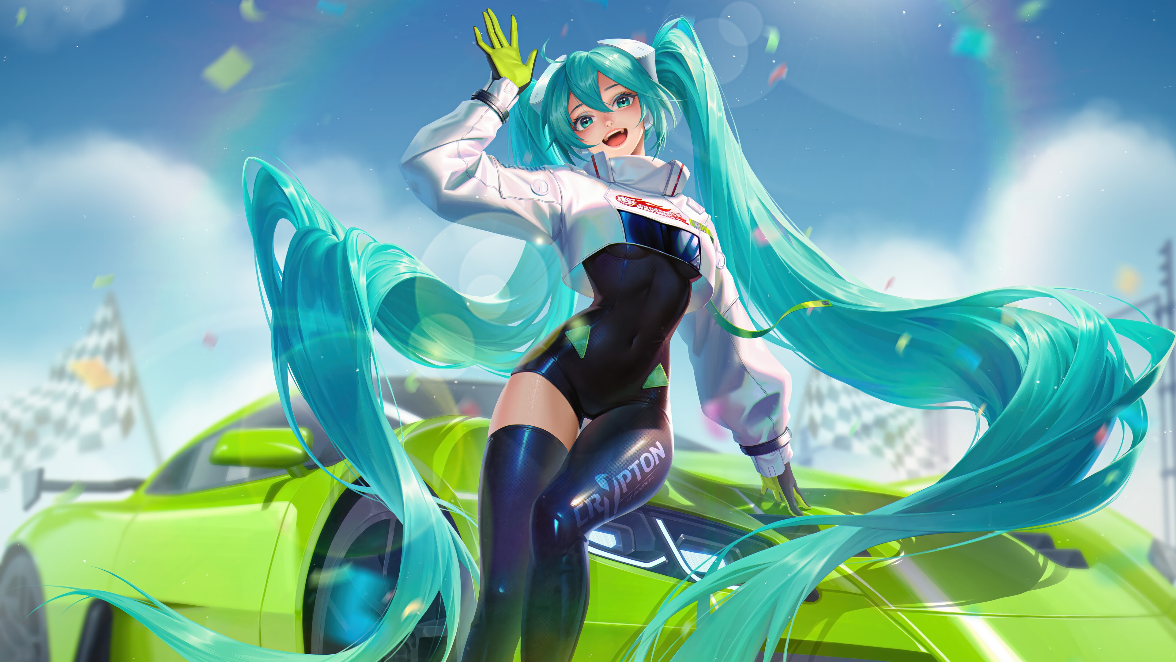 Hatsune Miku in Racing Outfit with Green Sports Car 4K HD Wallpaper