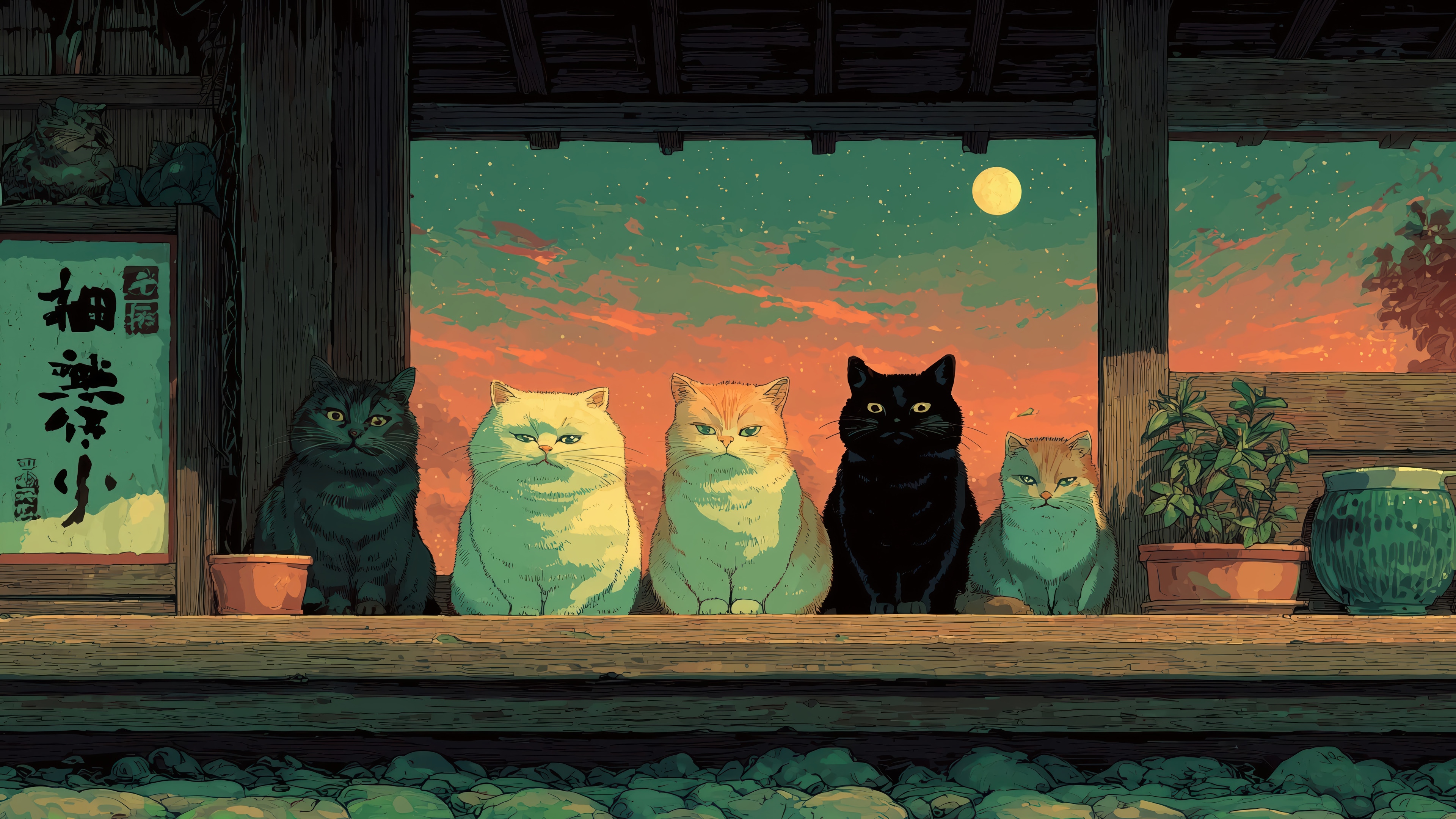 Anime cats sitting on a porch at sunset 4K HD Wallpaper