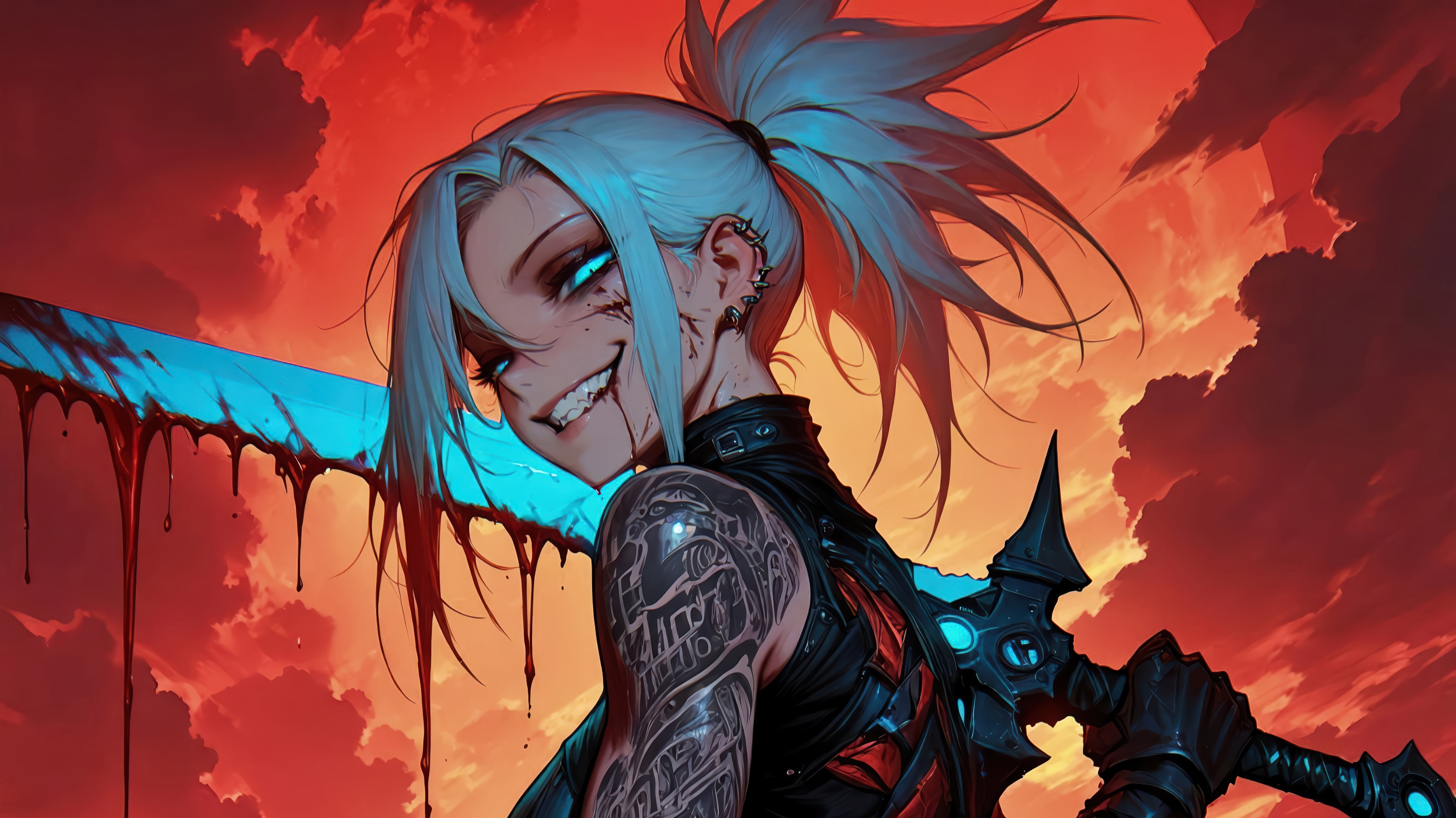 Anime Warrior Girl with Sword and Tattoos 4K HD Wallpaper
