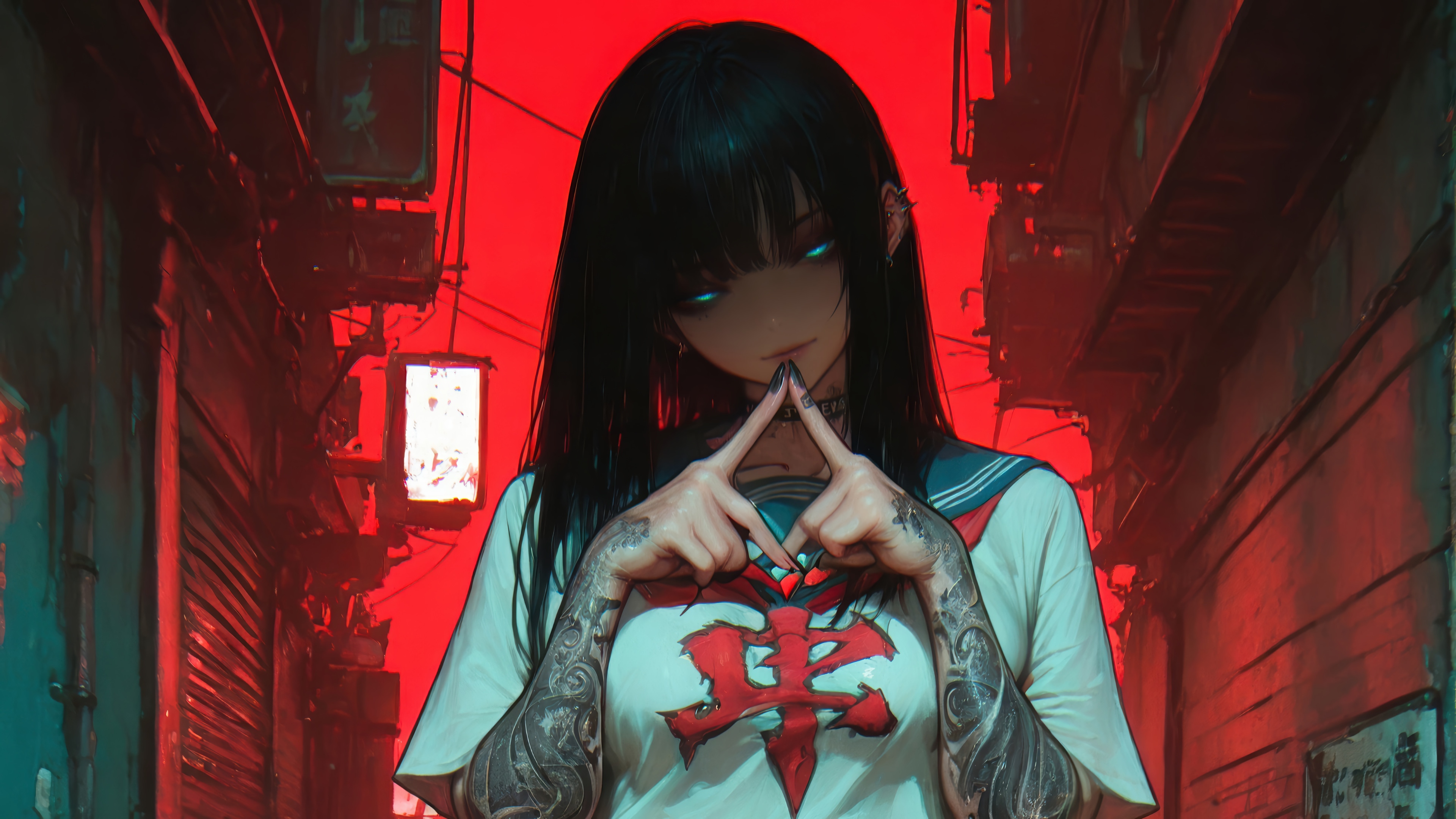 Anime Girl with Tattoos in Red Alley 4K HD Wallpaper