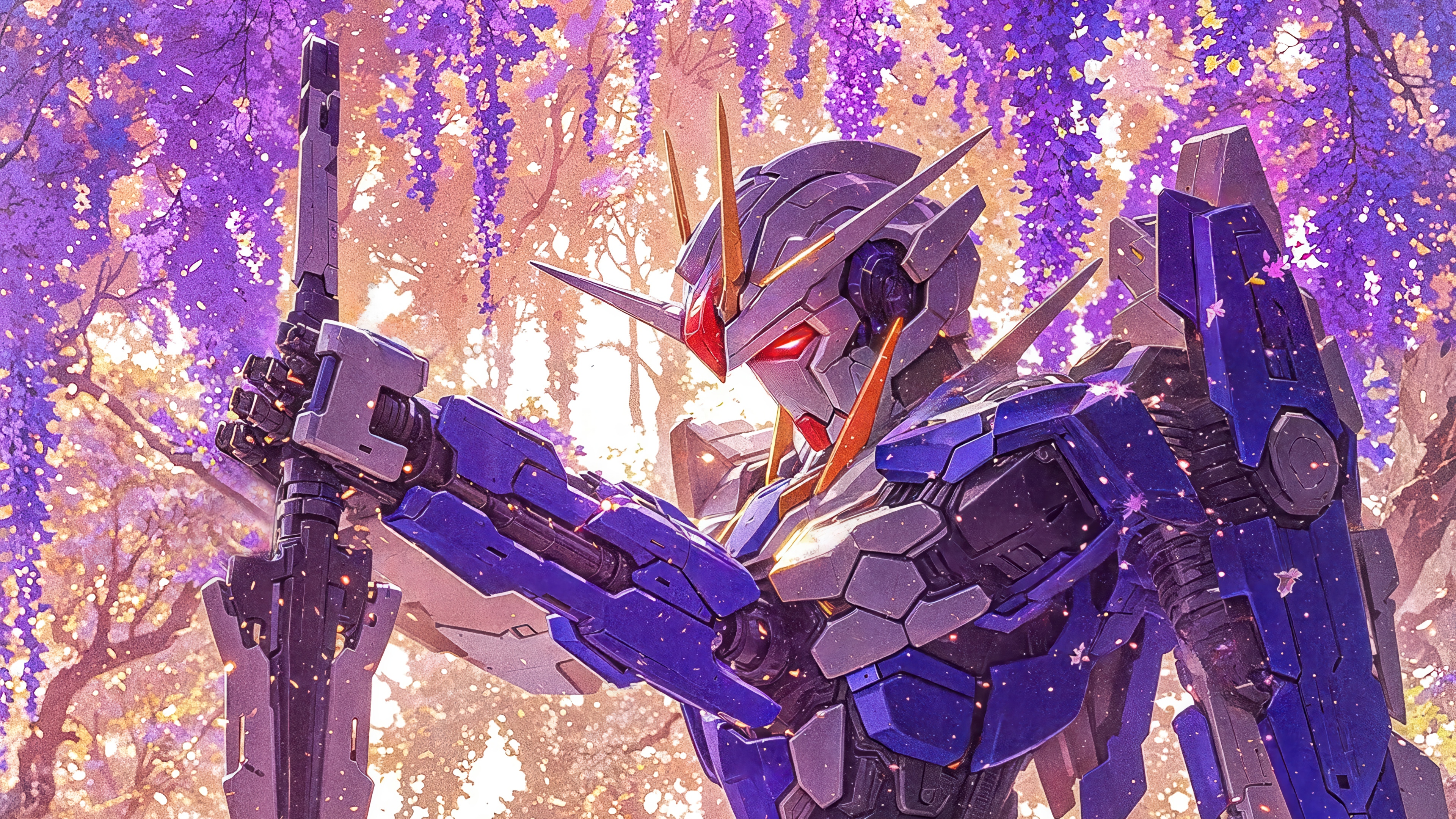 Gundam holding a sword in a purple forest 4K HD Wallpaper