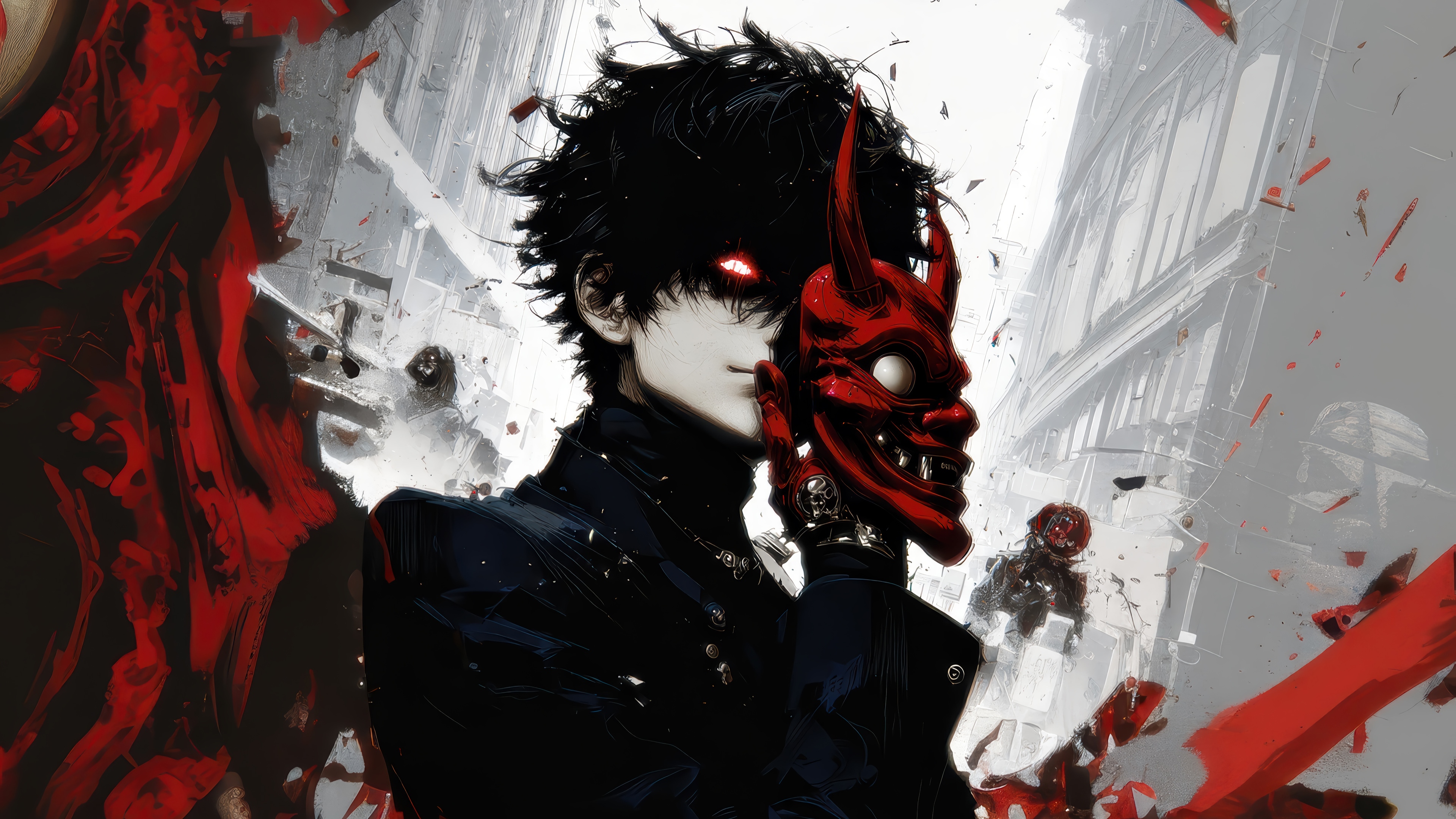 Anime Boy Holding a Red Oni Mask HD Wallpaper