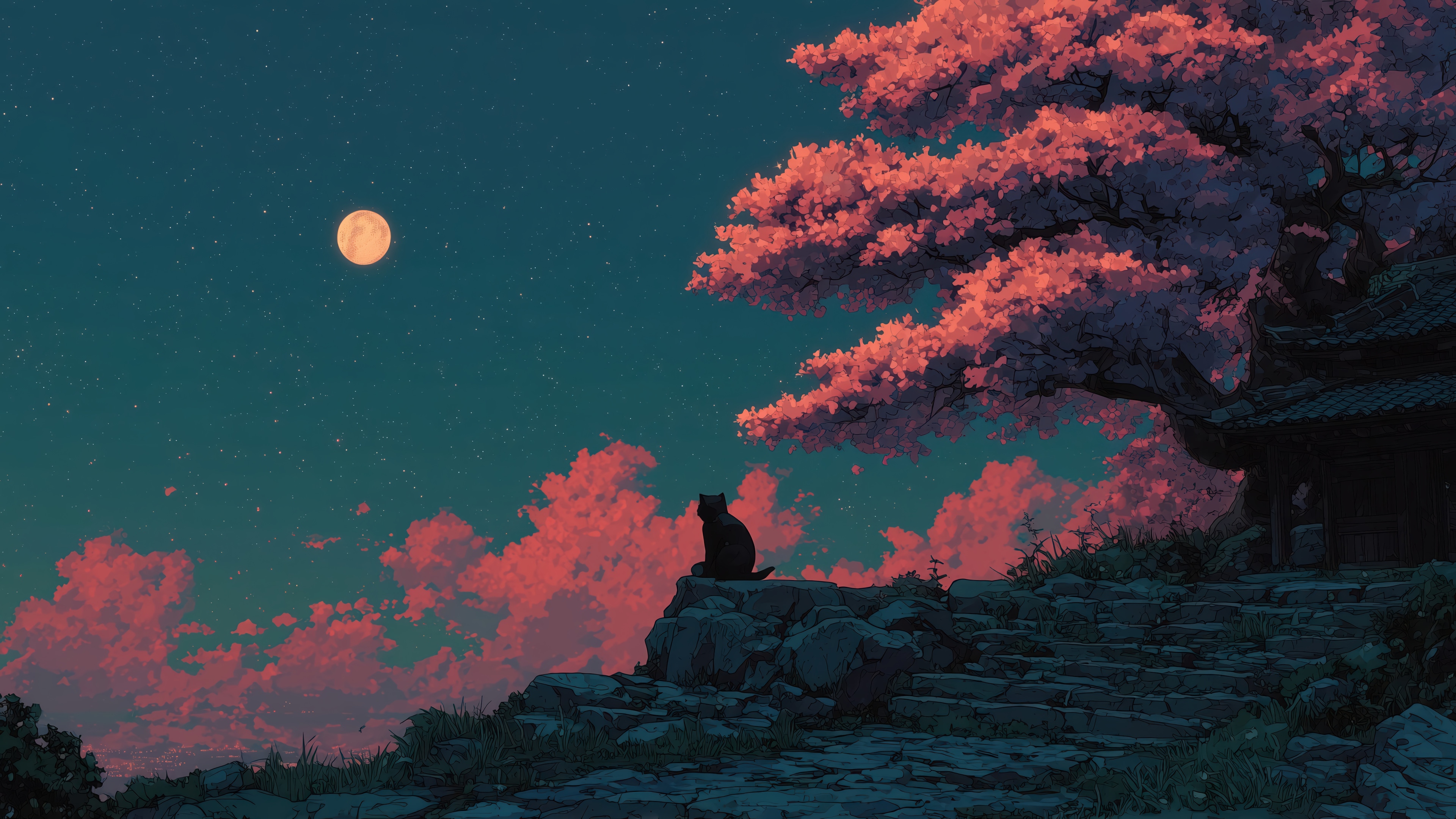 Black Cat Under Cherry Blossoms and Moon 4K HD Wallpaper