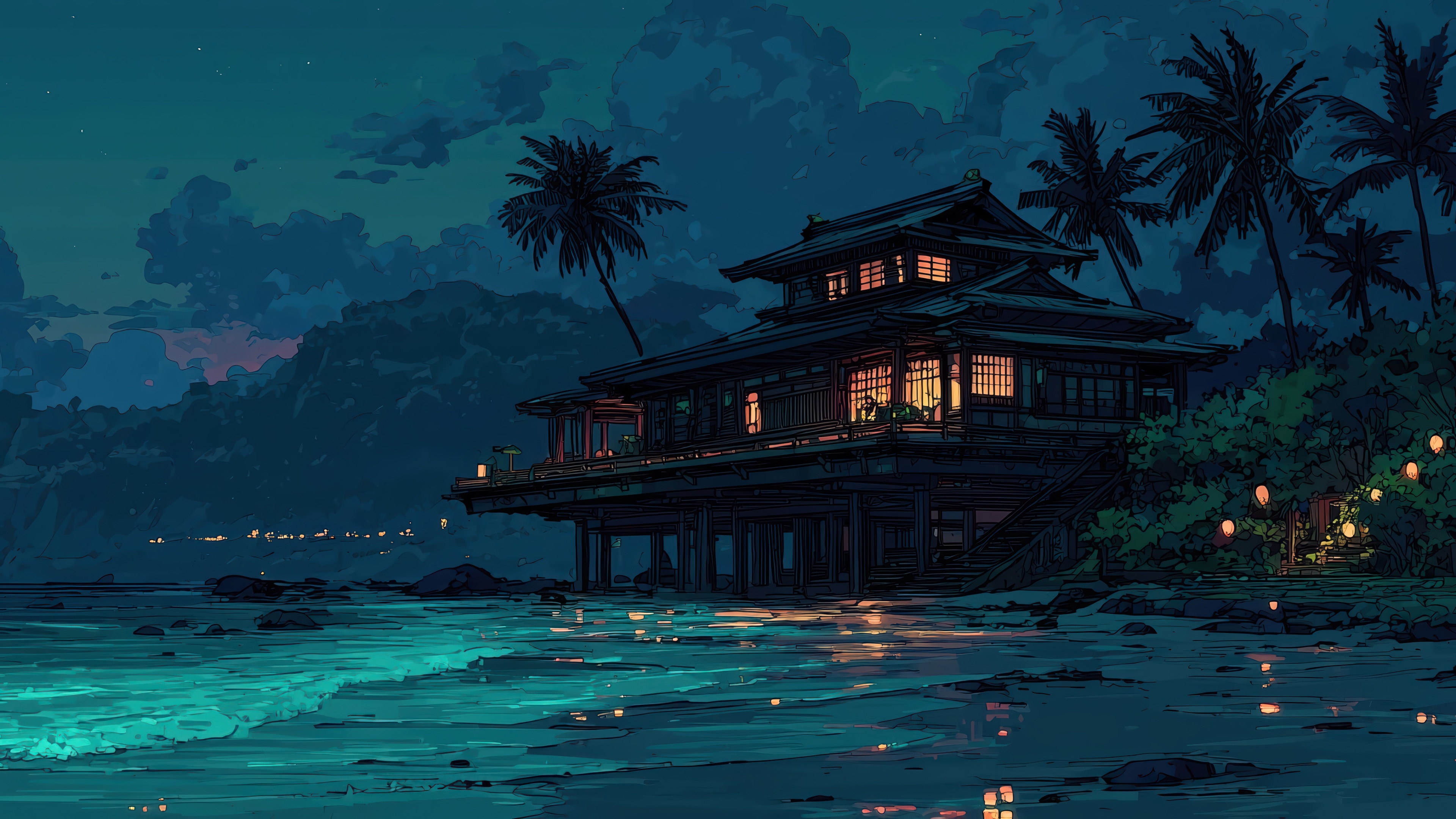 Beach at Night with Traditional Japanese House HD Wallpaper