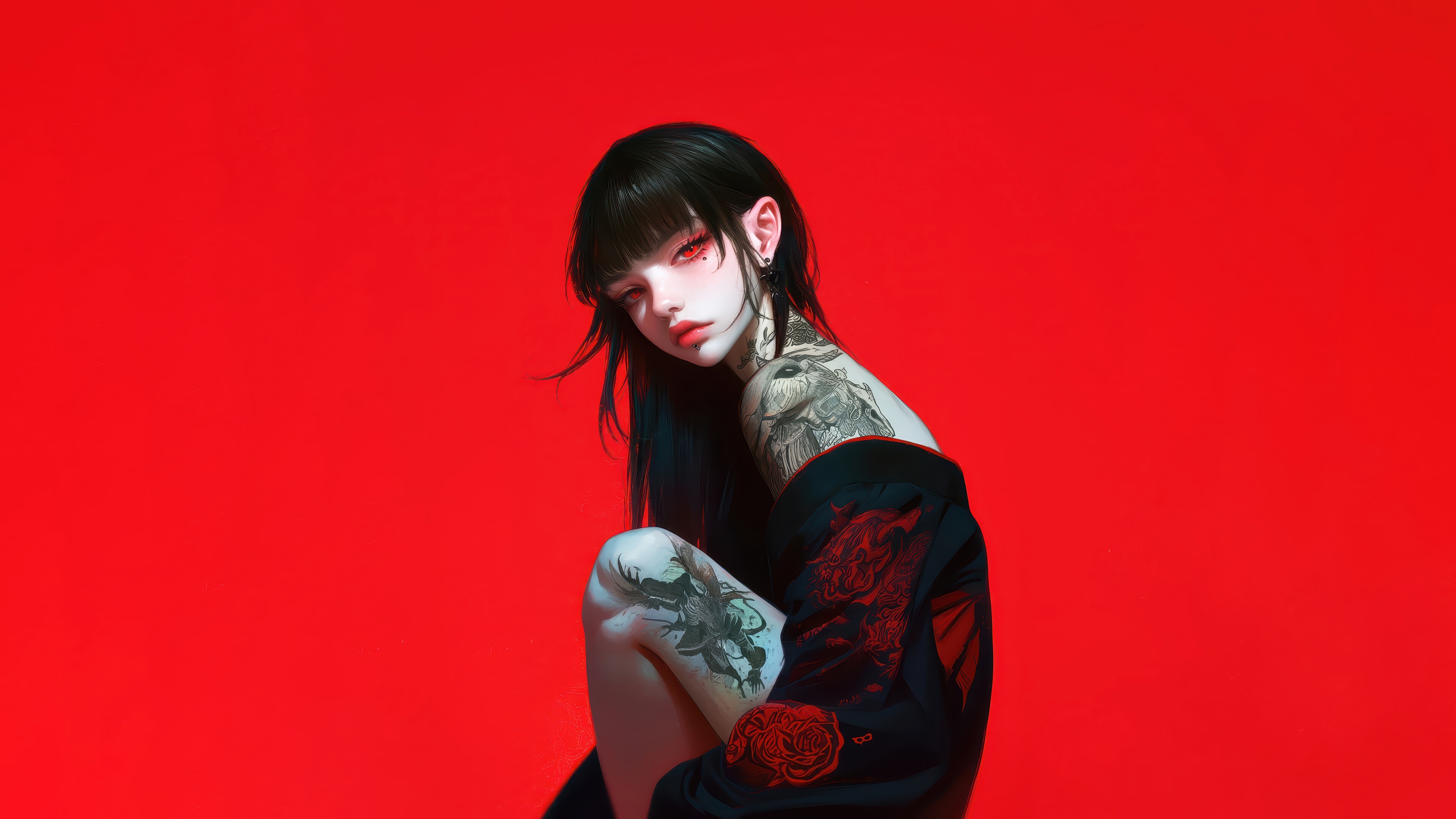 Anime Girl with Red Eyes and Tattoos 4K HD Wallpaper