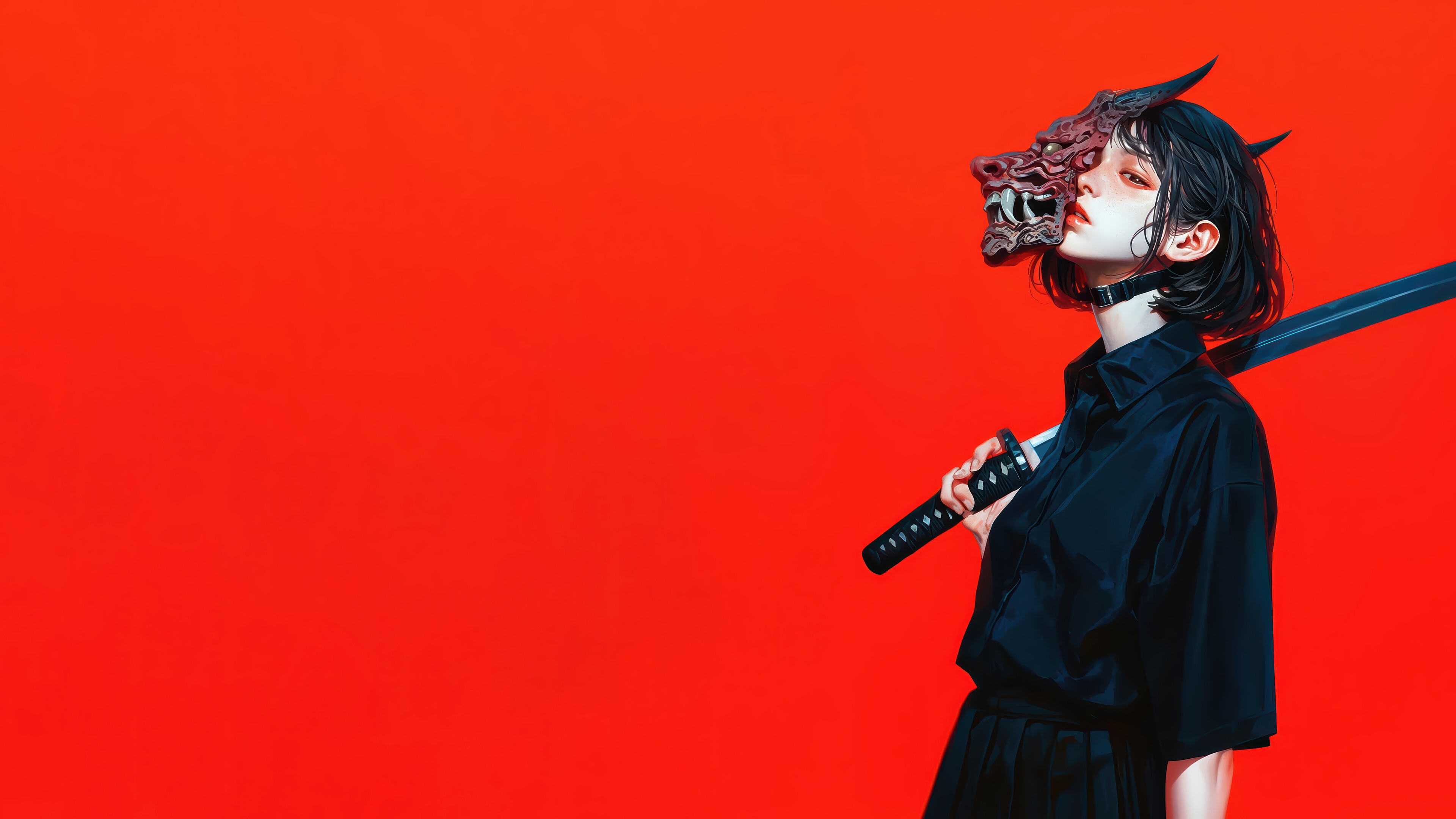 Anime Girl with Oni Mask and Katana HD Wallpaper