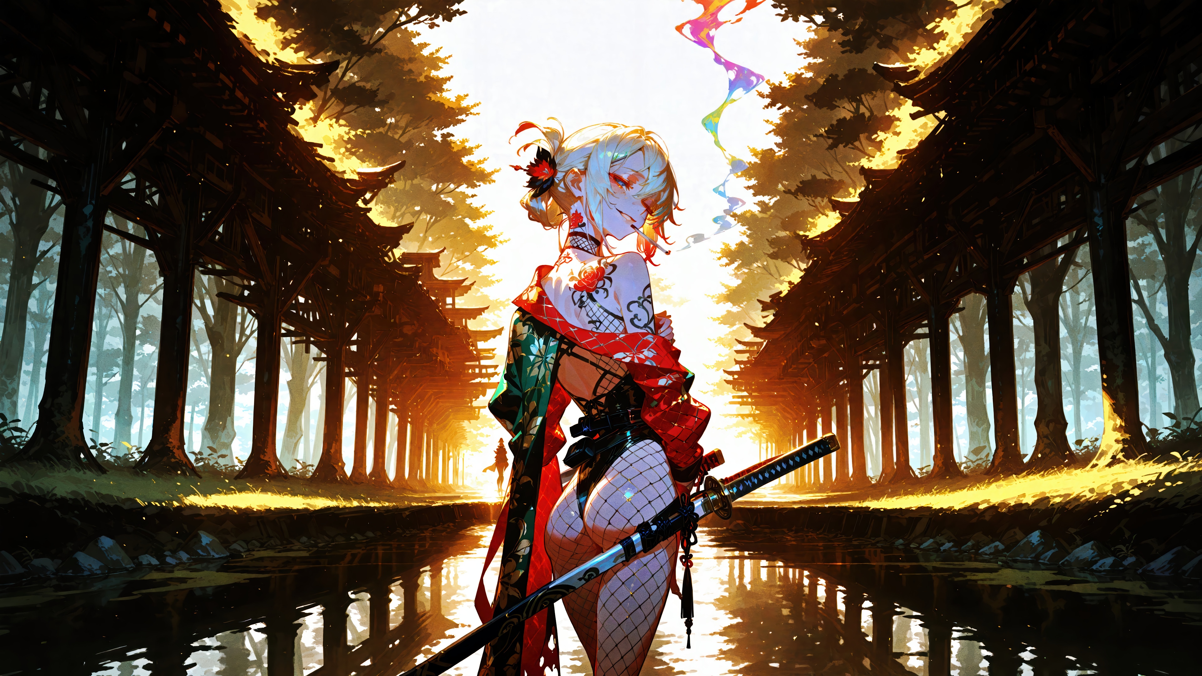 Anime Girl with Katana in Forest HD Wallpaper