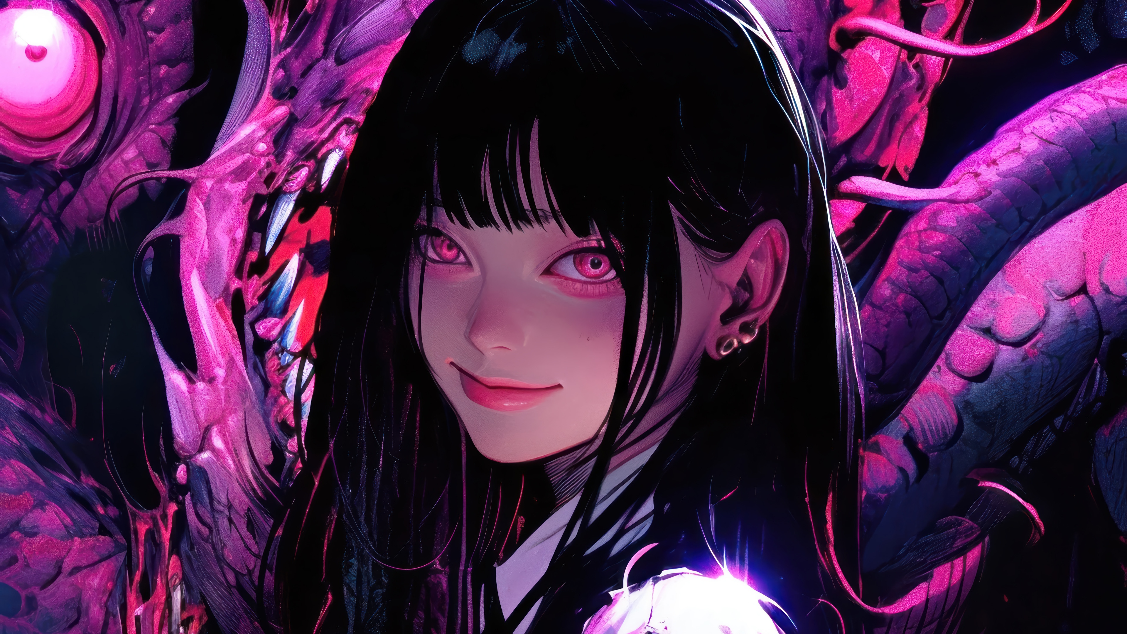 Anime Girl with Pink Eyes and Monster HD Wallpaper