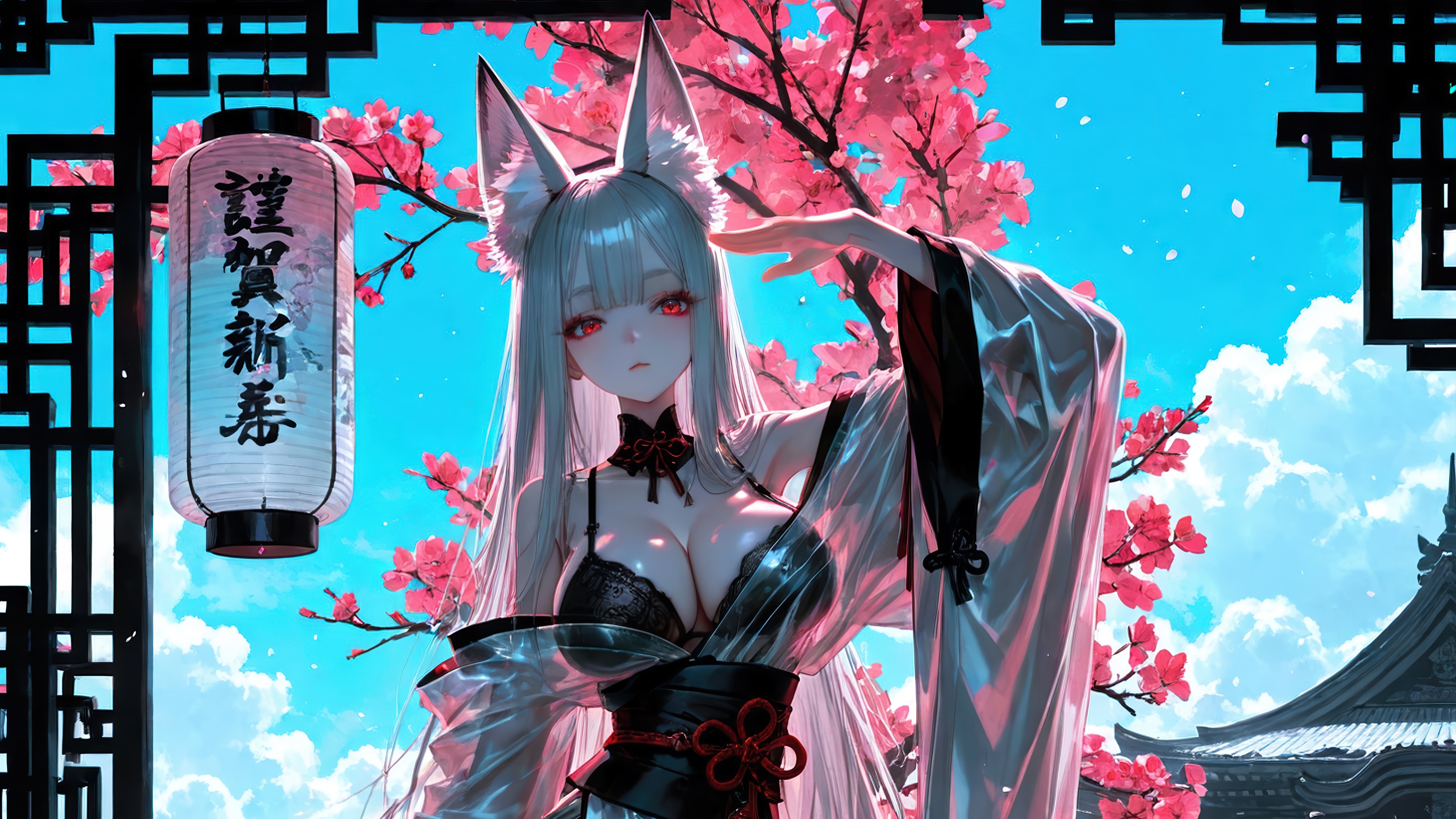 Anime Girl with Fox Ears and Red Eyes in Kimono HD Wallpaper