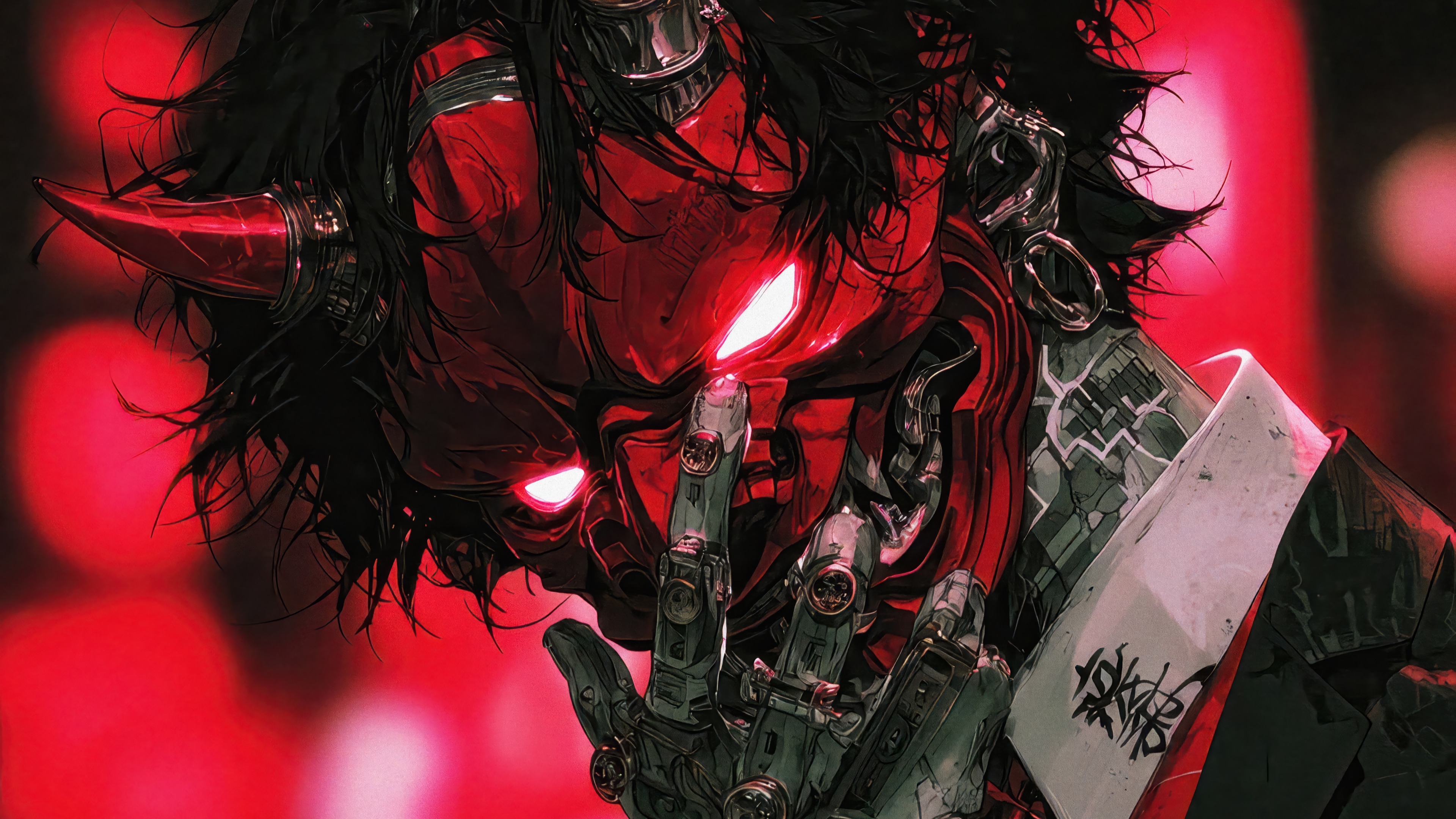 Anime Boy with Red Oni Mask and Cybernetic Hand HD Wallpaper