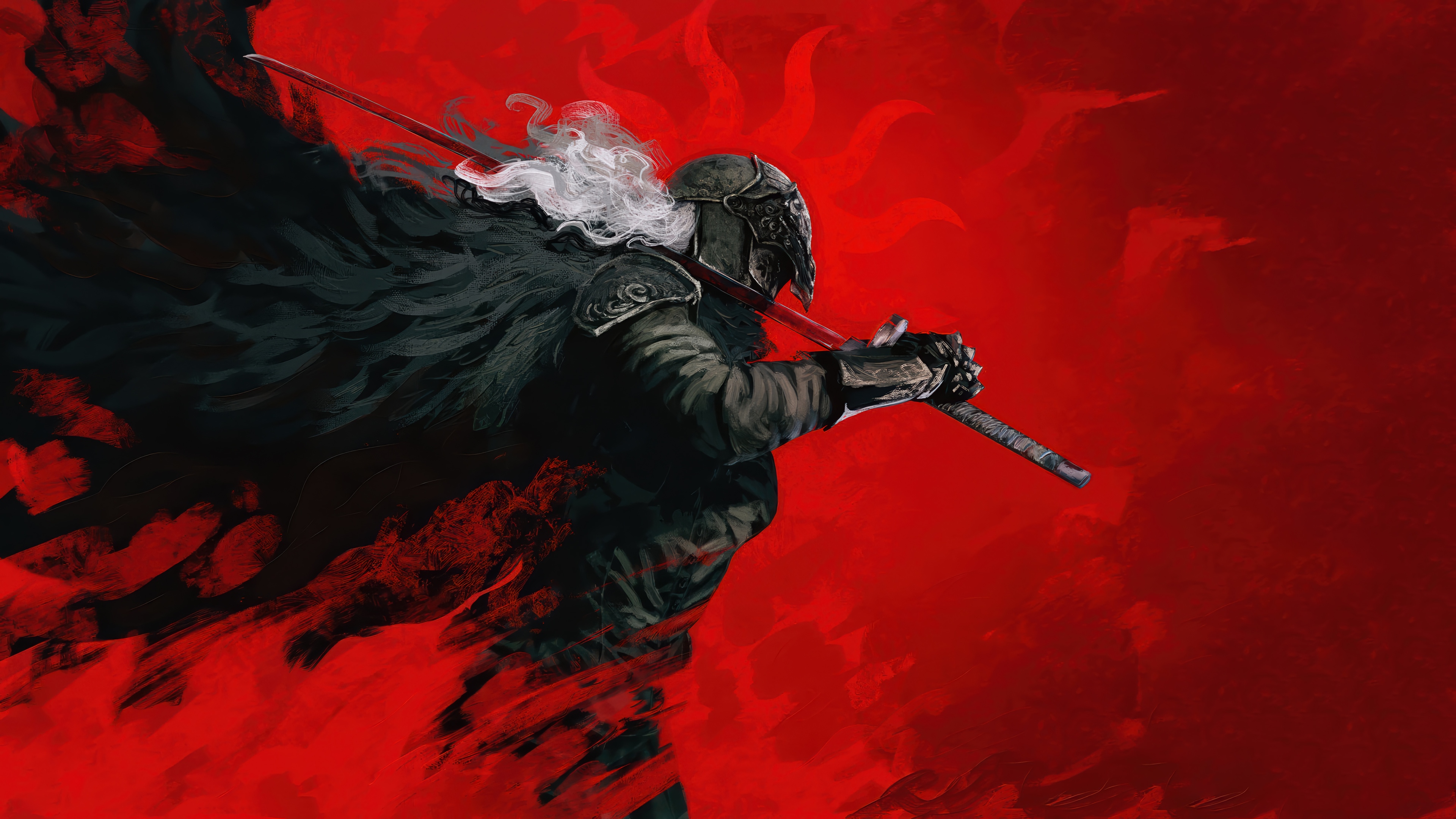 Warrior with a red sword and black cape in 4K HD Wallpaper