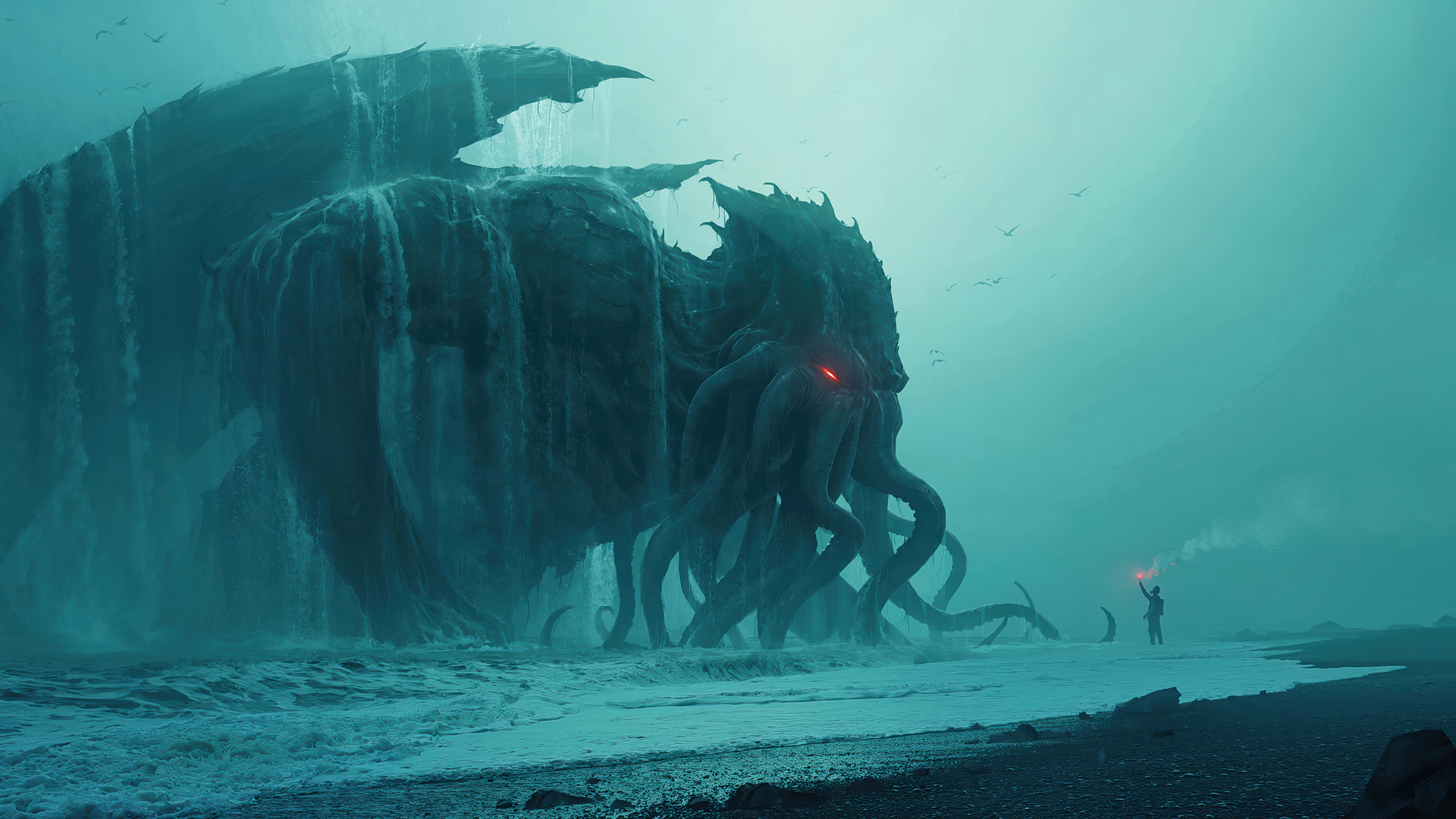 Cthulhu on a misty beach with a person holding a flare HD Wallpaper