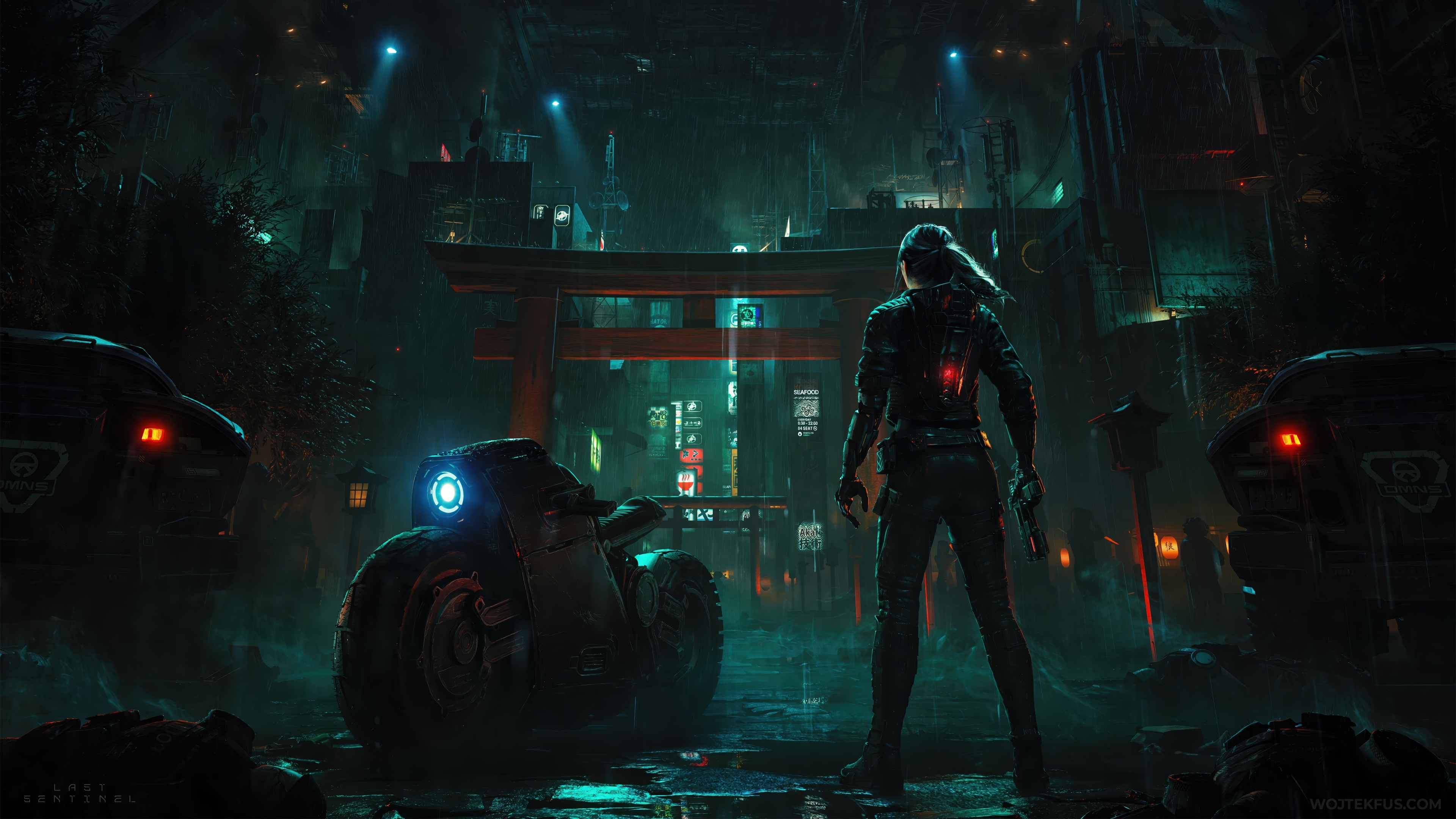 Cyberpunk Girl with Motorcycle in Rainy City 4K HD Wallpaper