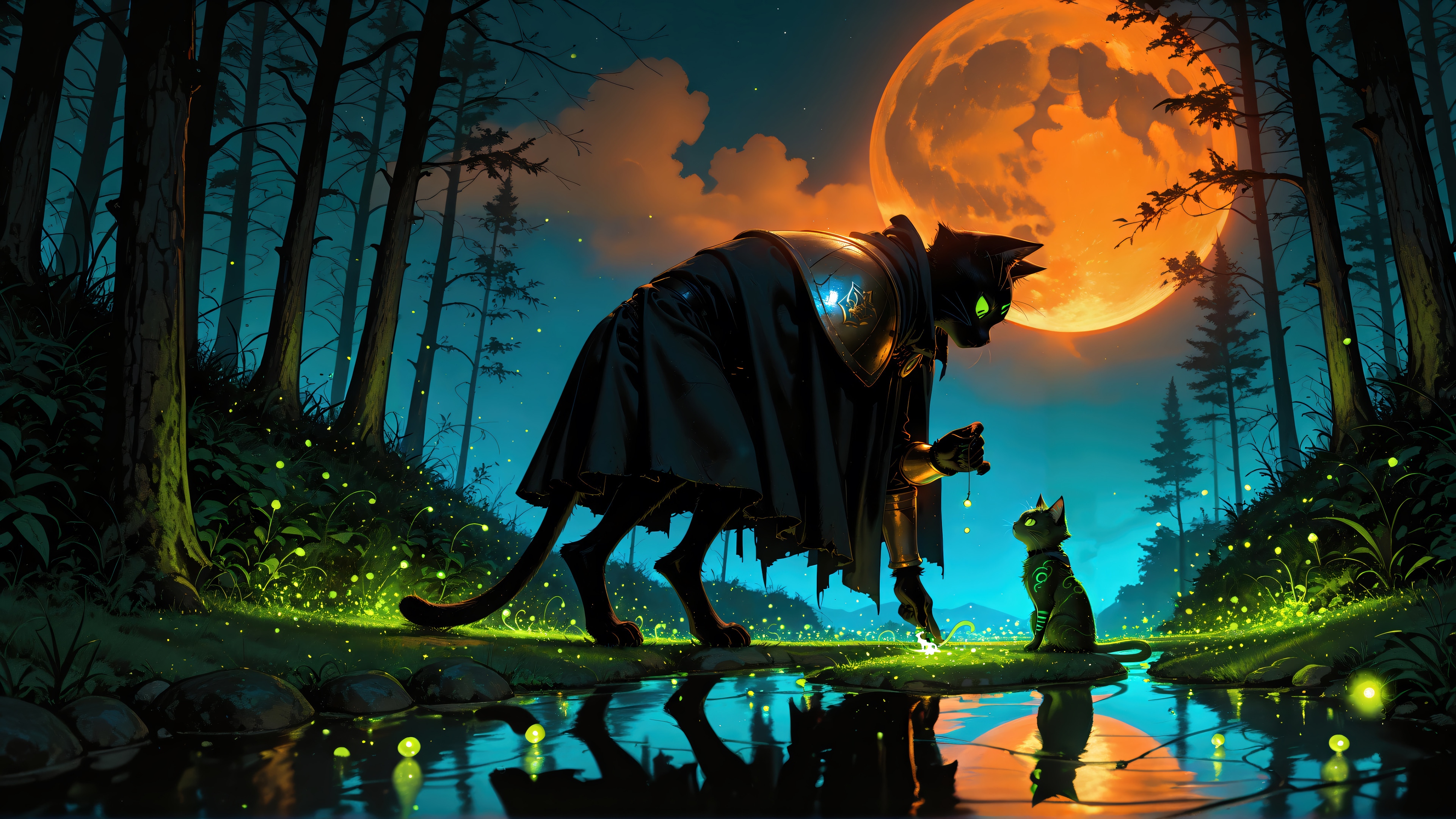 Fantasy Cat Knight and Kitten under a Large Moon HD Wallpaper