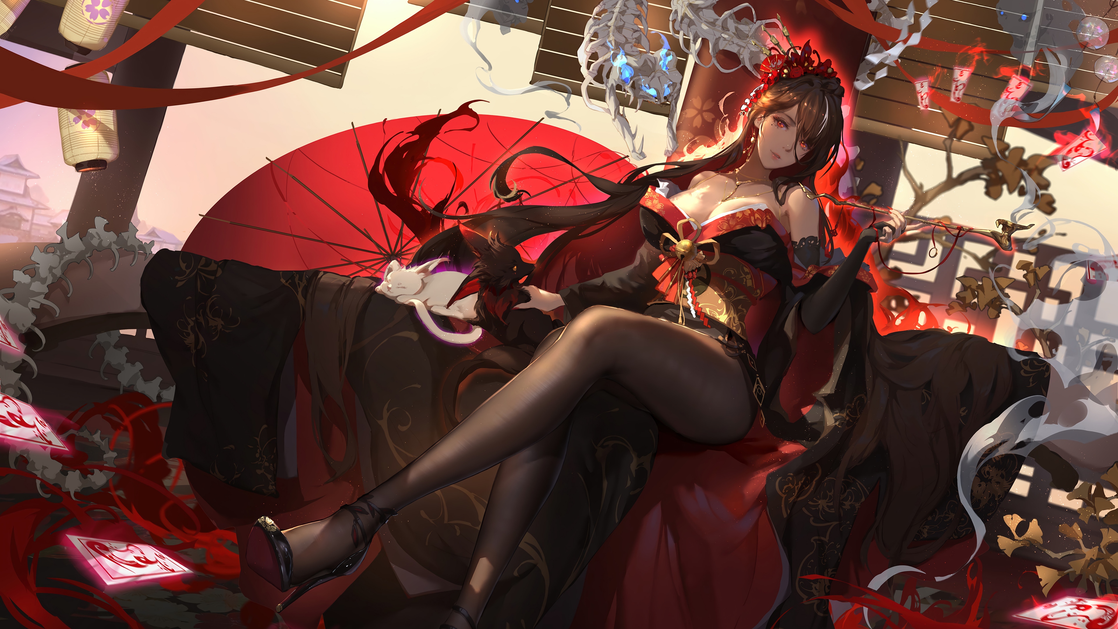 Anime Girl in Kimono with Red Umbrella and Cat HD Wallpaper