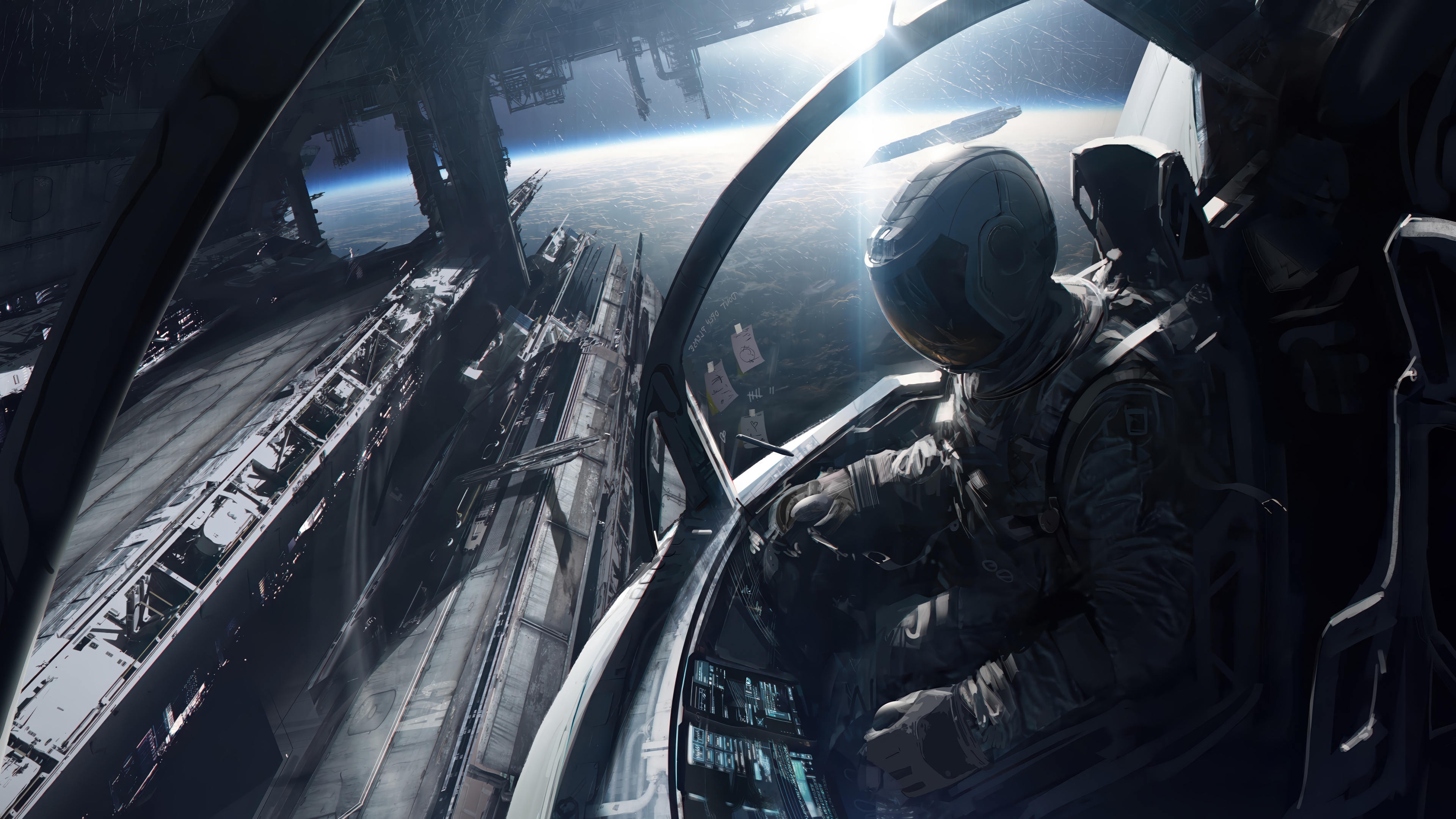 Astronaut in a spaceship cockpit overlooking Earth HD Wallpaper