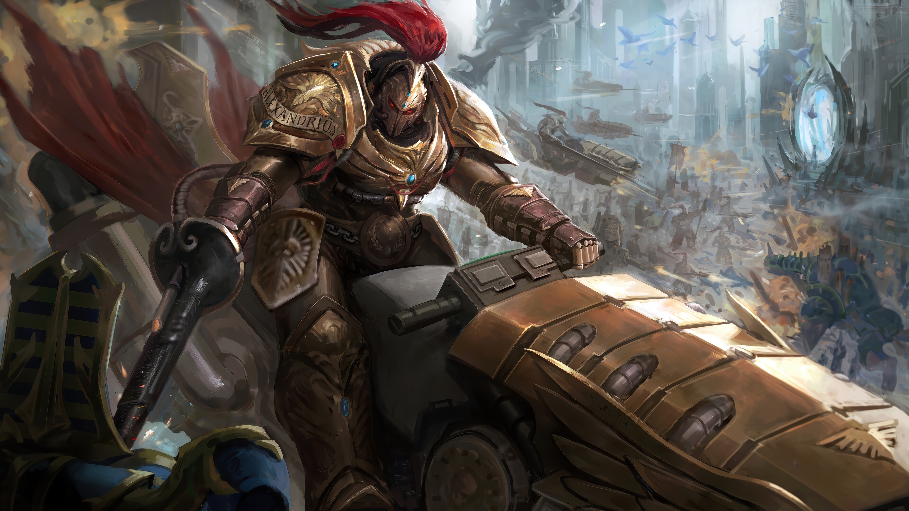 Warhammer Custodian on a Bike in a City Battle HD Wallpaper