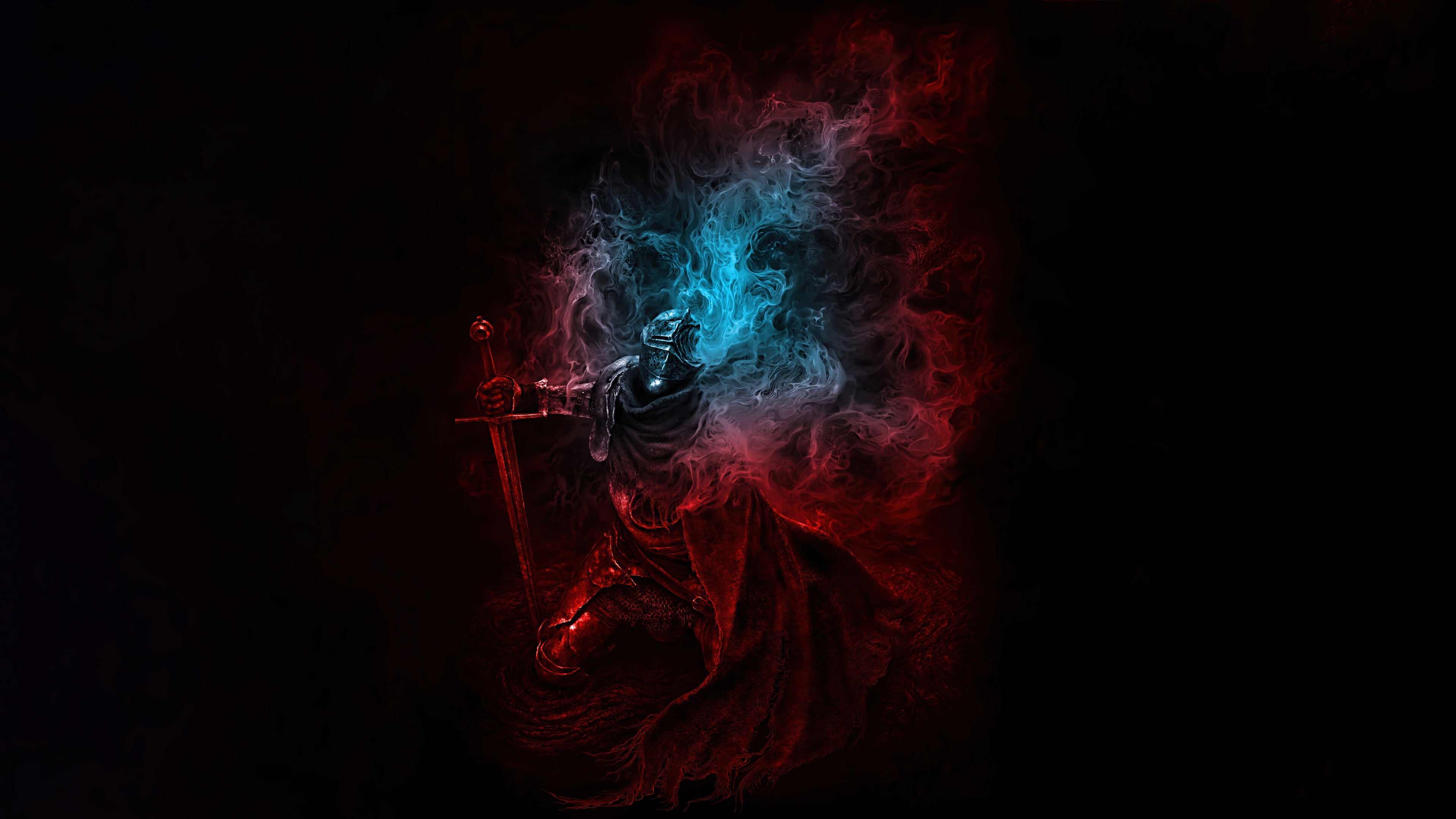 Elden Ring Knight with Blue and Red Smoke 4K HD Wallpaper