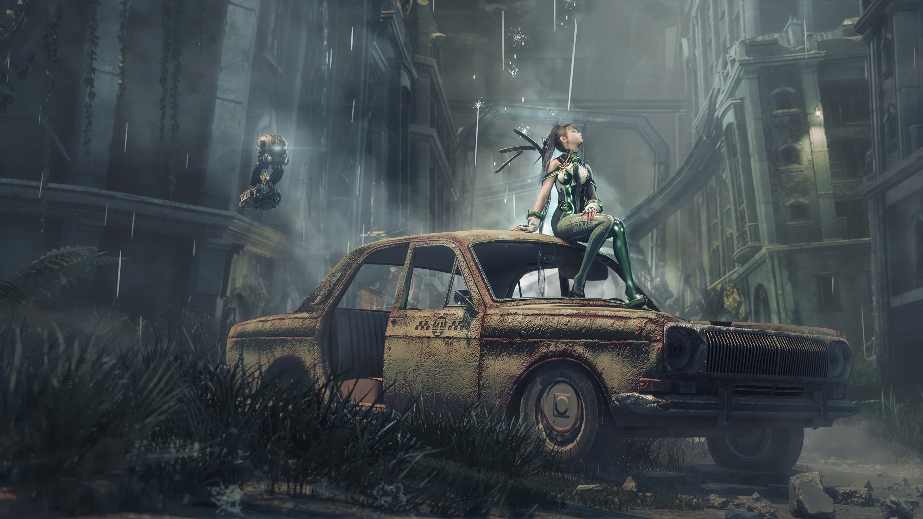EVE from Stellar Blade sits on a rusty car in the rain HD Wallpaper