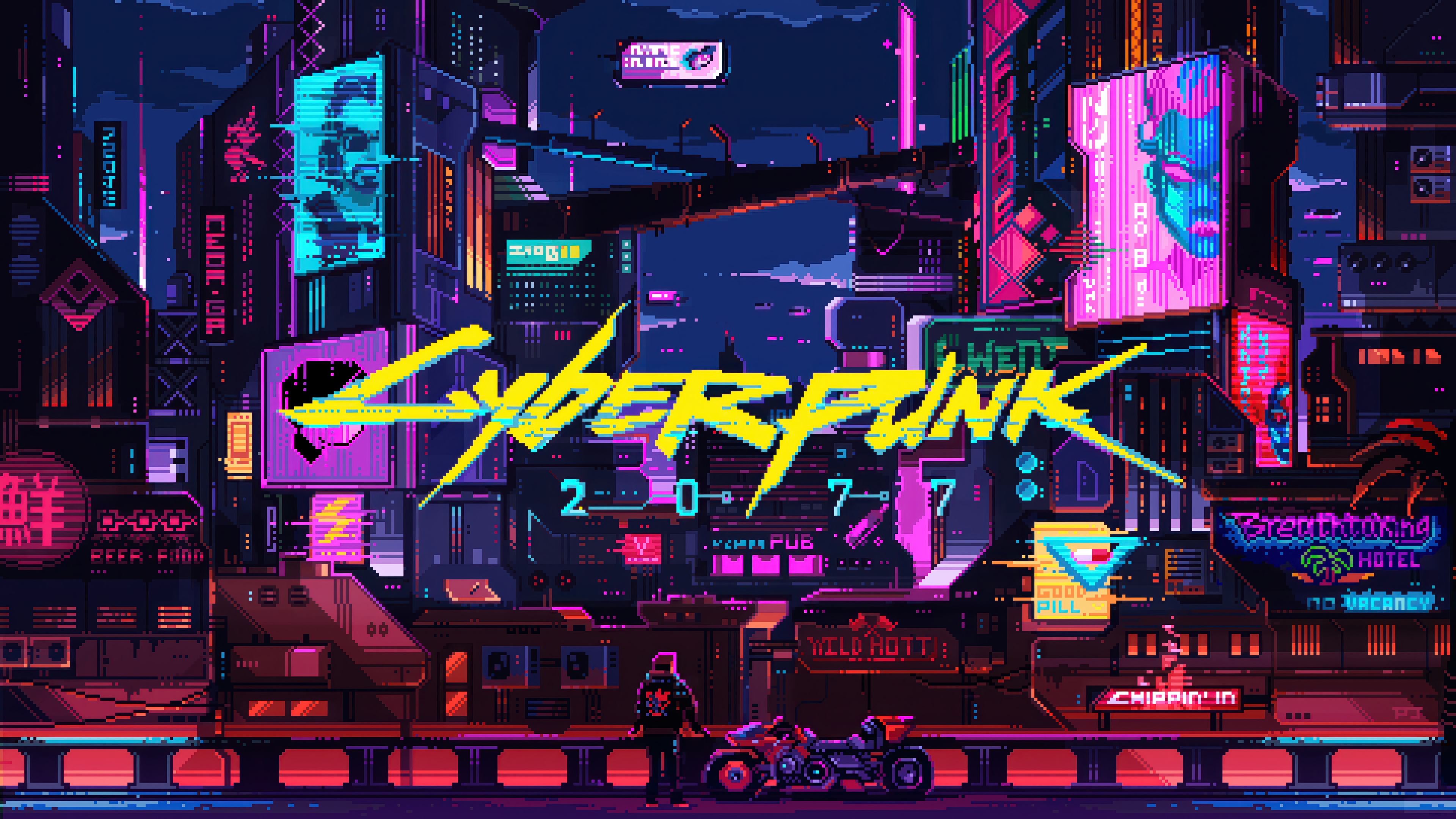 Cyberpunk 2077 Pixel Art Cityscape 4K HD Wallpaper
