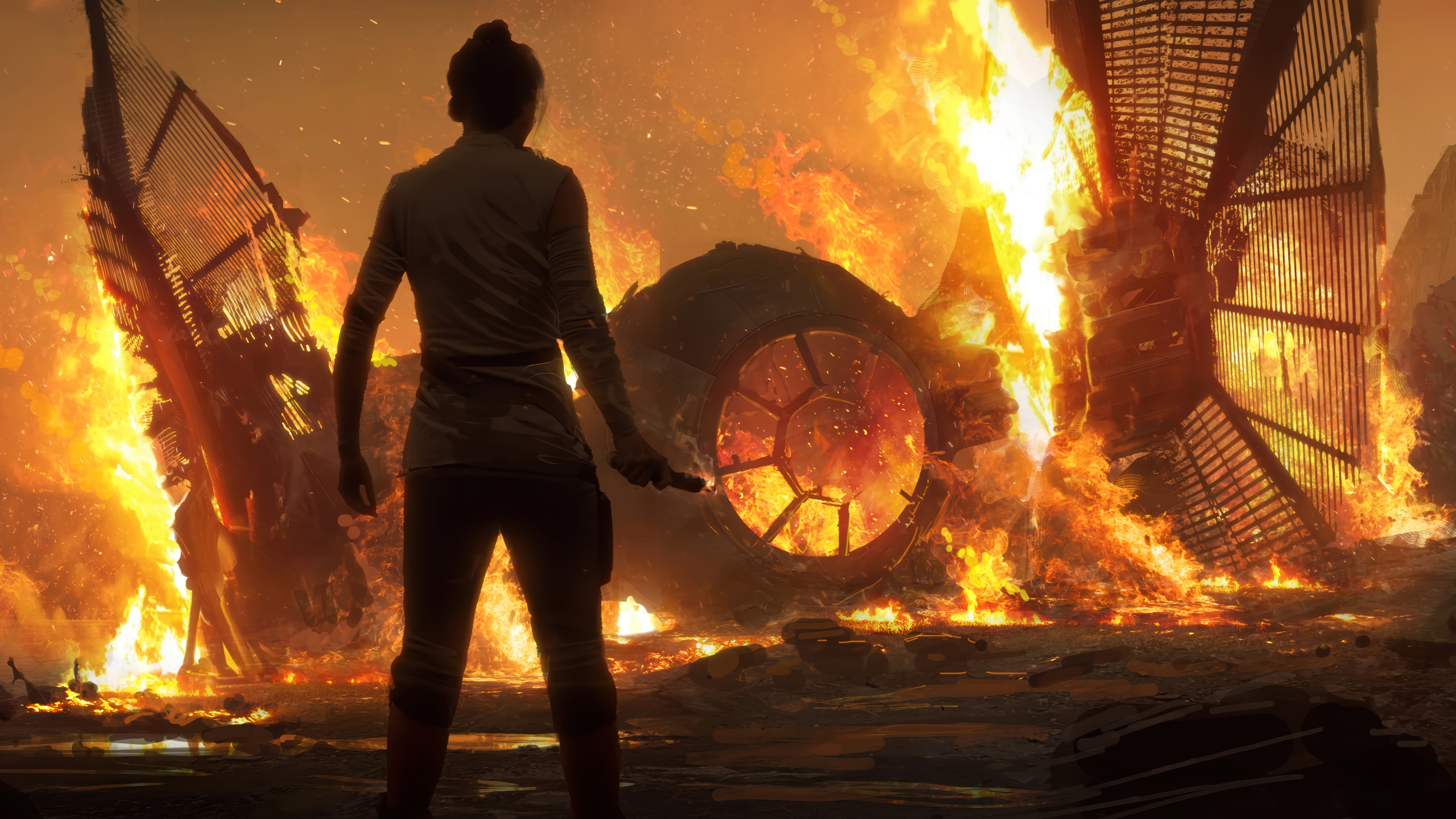 Rey in front of burning TIE Fighter 4K HD Wallpaper