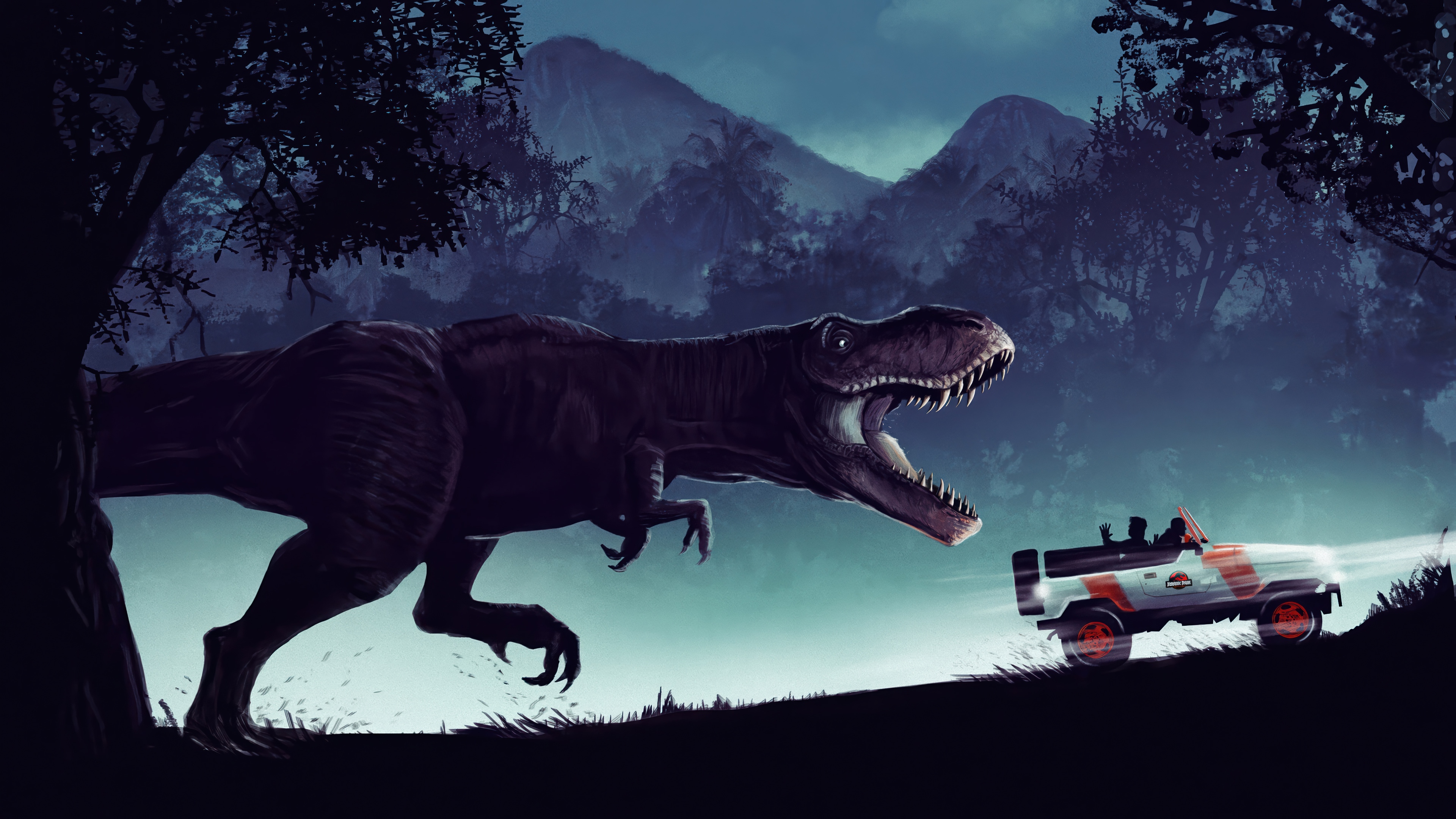 Tyrannosaurus Rex chases Jeep in Jurassic Park 4K HD Wallpaper