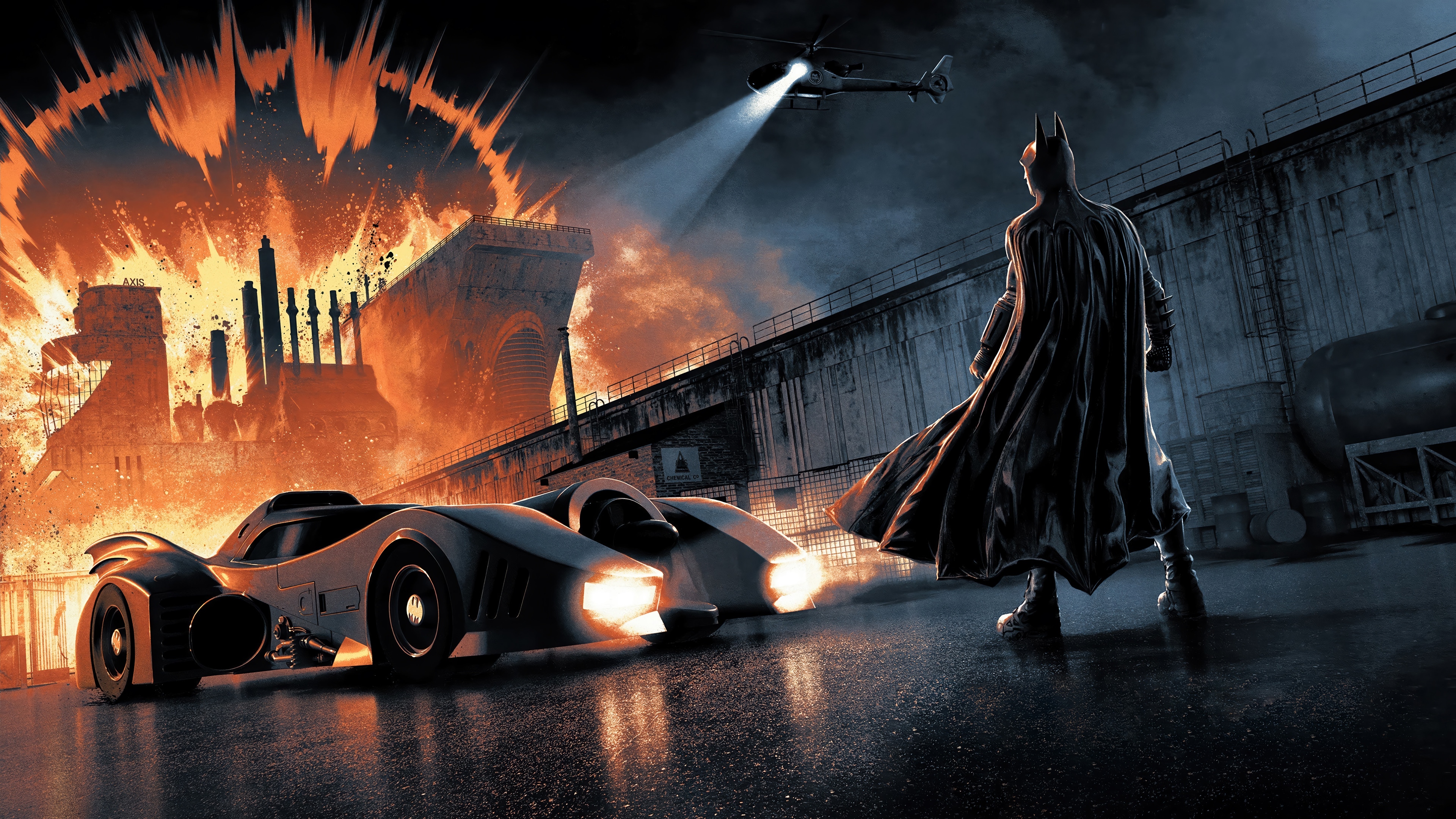 Batman and Batmobile with Explosion and Helicopter 4K HD Wallpaper