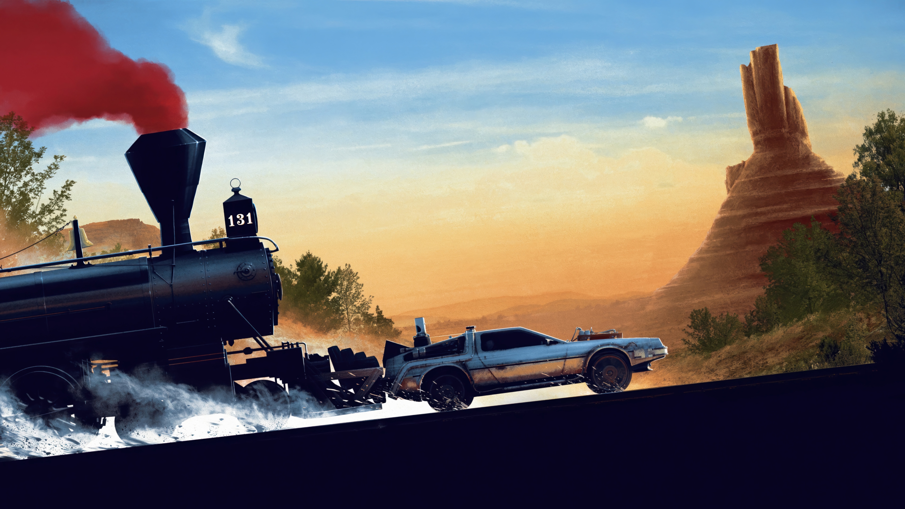 DeLorean and Train in Back to the Future 4K HD Wallpaper