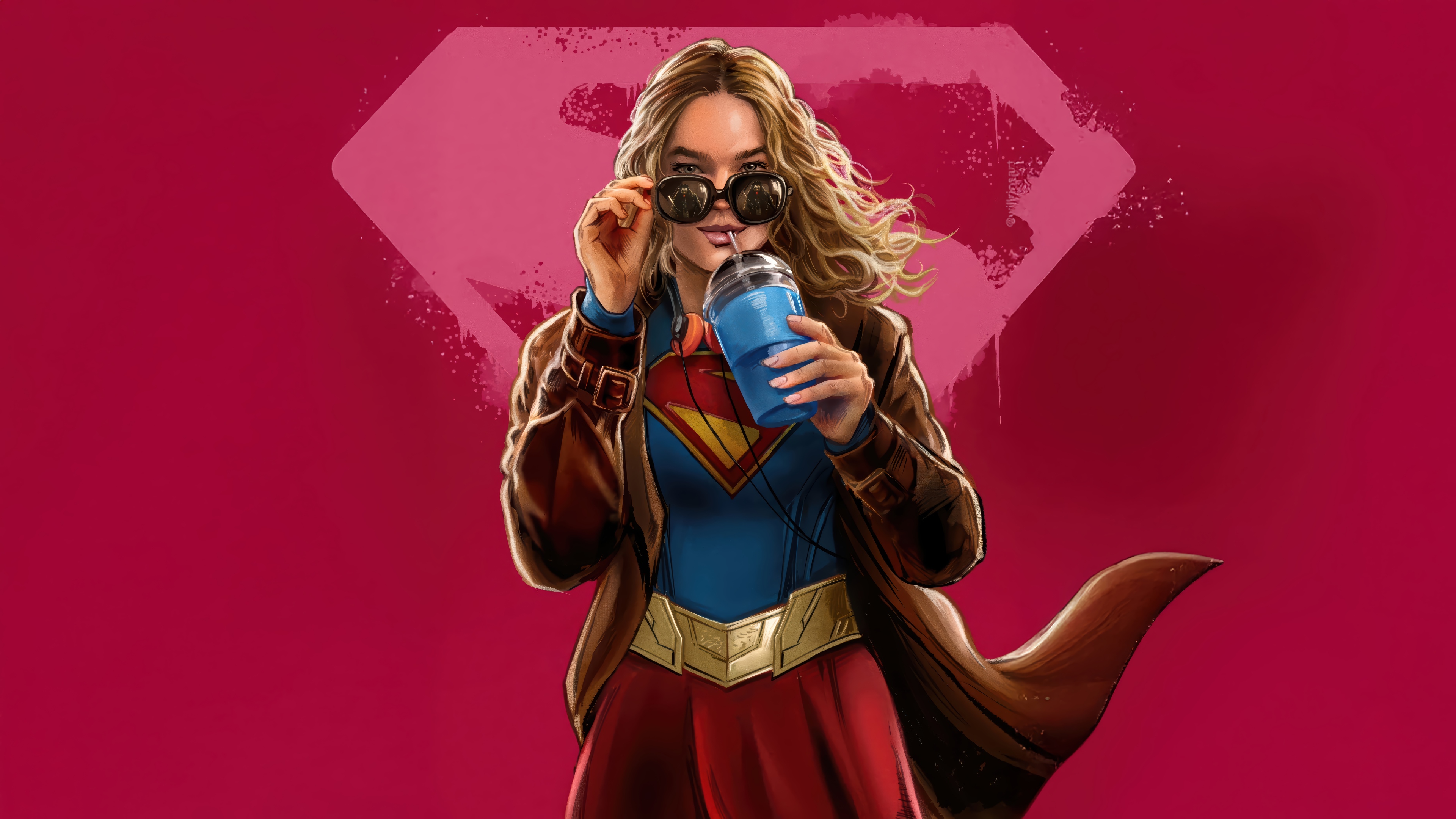 Supergirl in a brown coat and sunglasses drinking from a blue cup HD Wallpaper