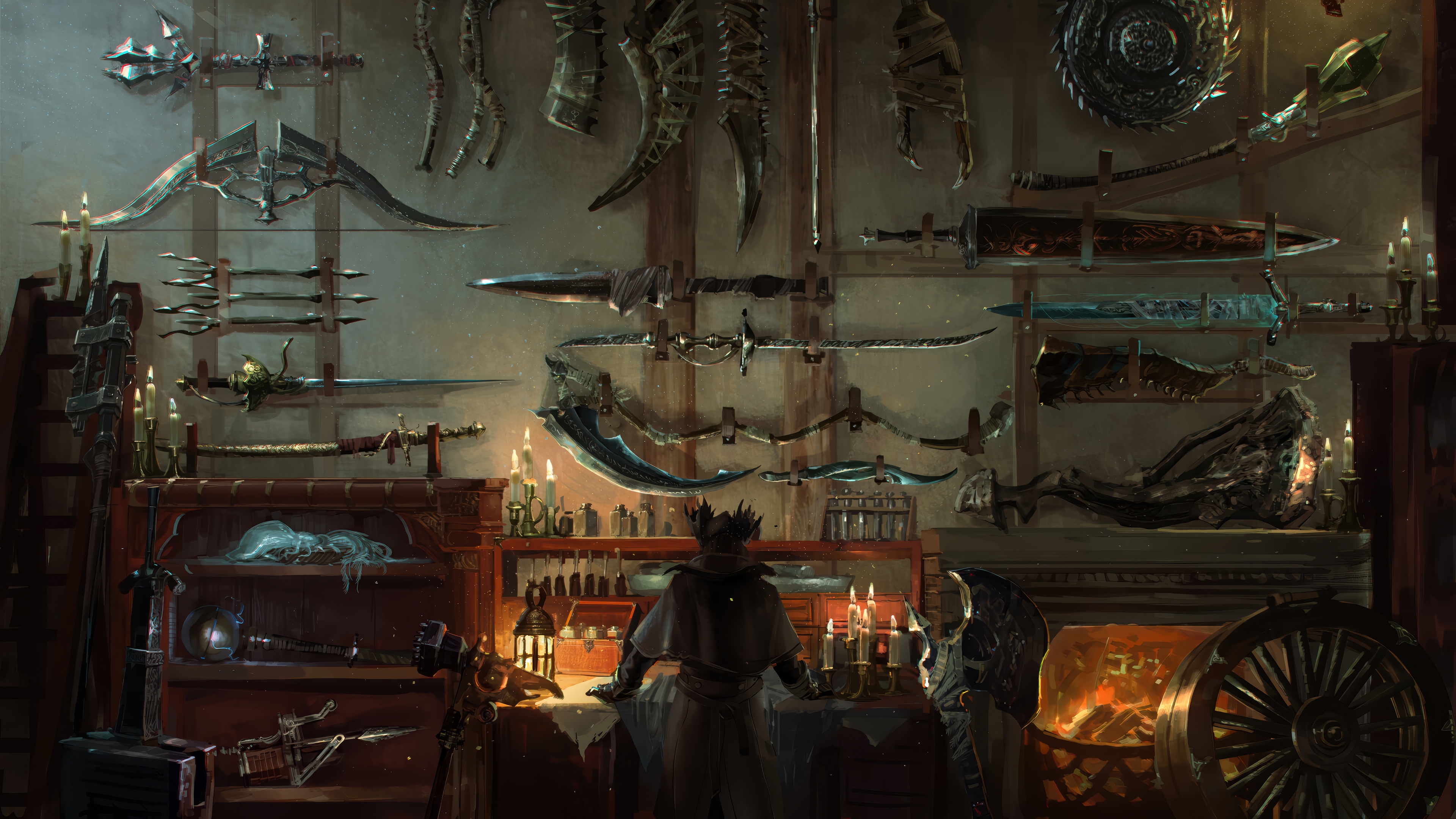 Bloodborne weapons display in a workshop HD Wallpaper