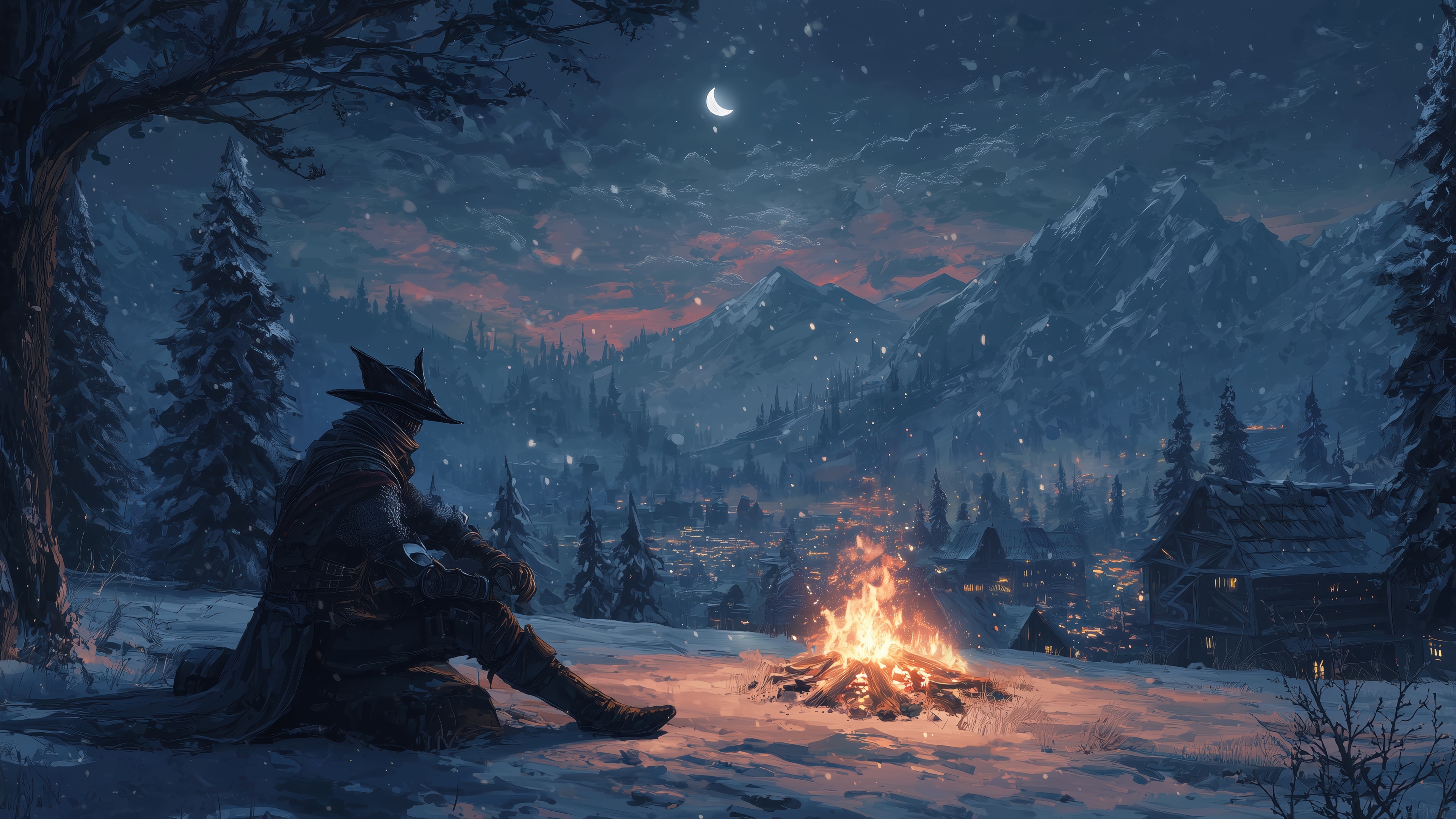 Bloodborne Hunter by a Bonfire in Winter 4K HD Wallpaper